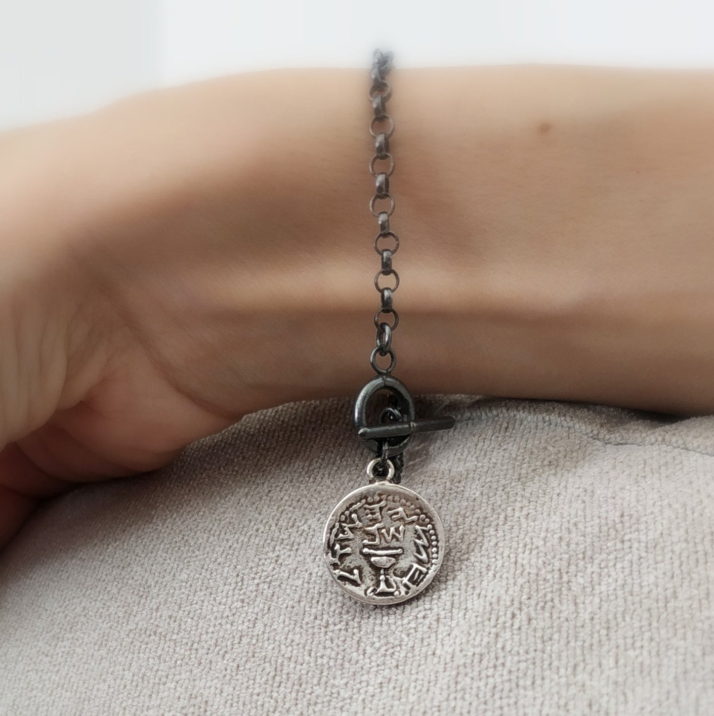 Jewish Revolt Half Shekel Coin Bracelet, Silver Replica Tyrian Shekel Coin Charm Bracelet, Link Chain Unisex Men Jewelry