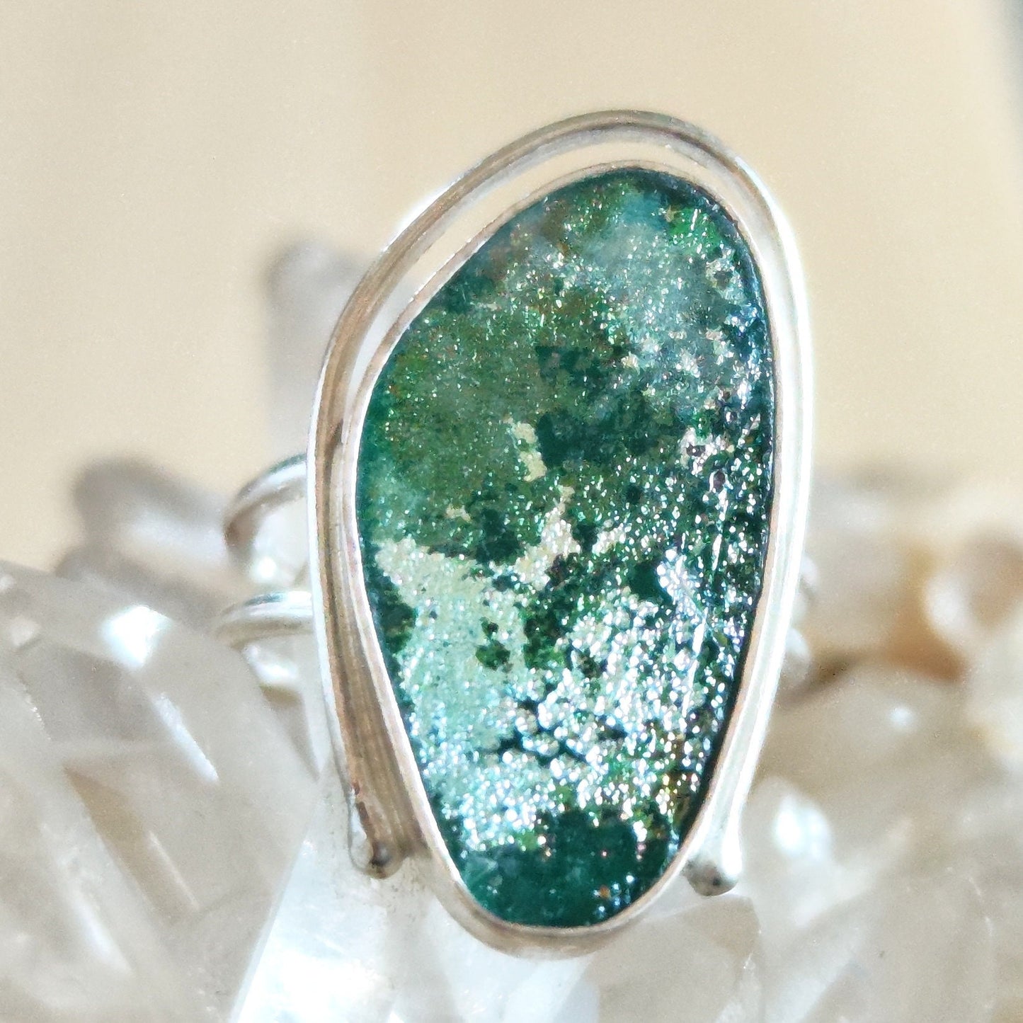 Ancient Glass Oval Ring, Natural Antique Roman Glass Adjustable Silver Ring, Green Blue Patina Glass ring, Statement Solitaire Ring