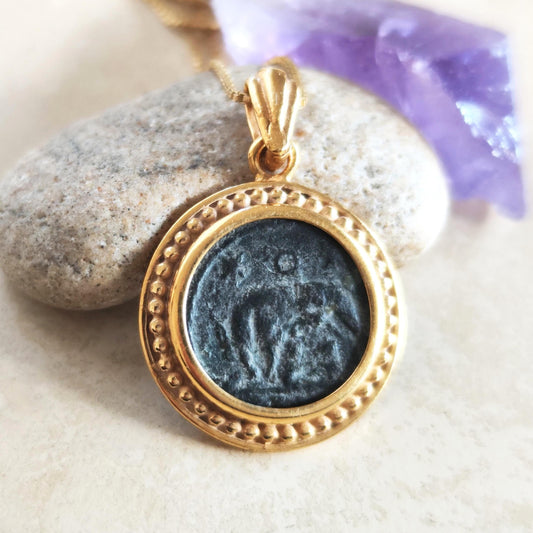 Roman Coin Pendant of Twins Romulus and Remus, Ancient Constantine Coin Necklace, Vintage Jewelry