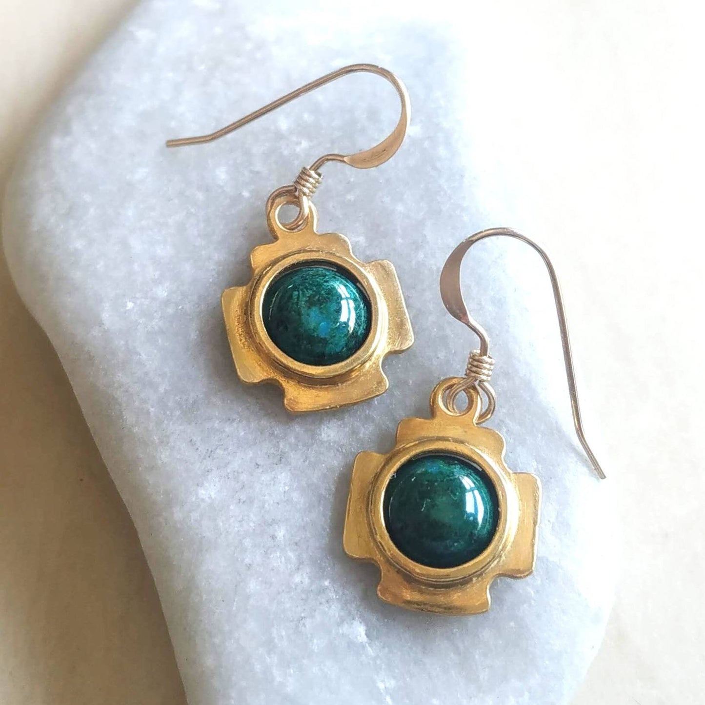 Jerusalem Cross Eilat Stone Dangle Earrings, Christian Gold Plated Gemstone Earrings, Green Malachite Chrysocolla Cabochon, Israeli Jewelry