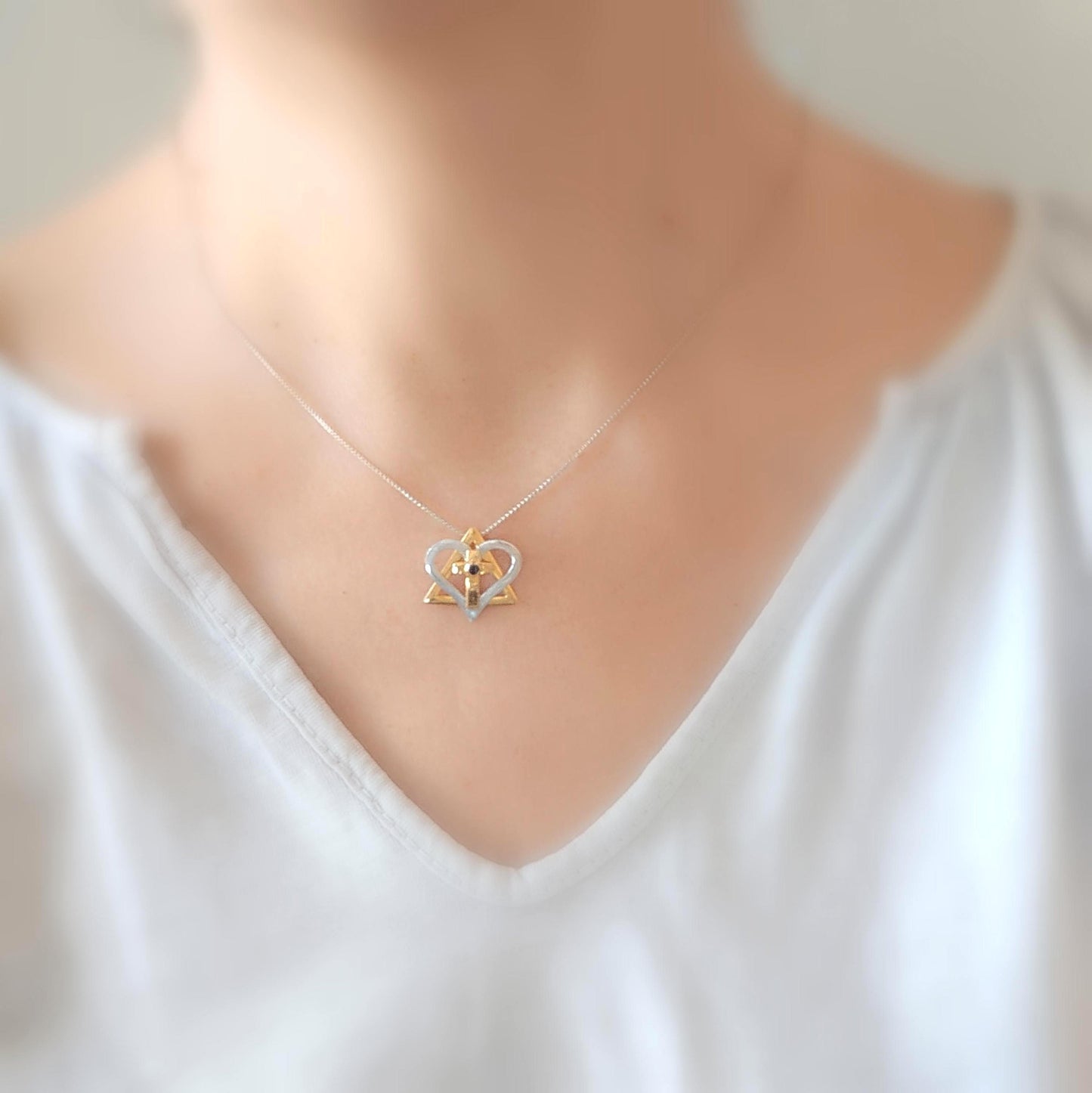 Silver and Gold Star of David cross necklace, interfaith Messianic Jewish Christian pendant, Blue Sapphire heart pendant, born again jewelry