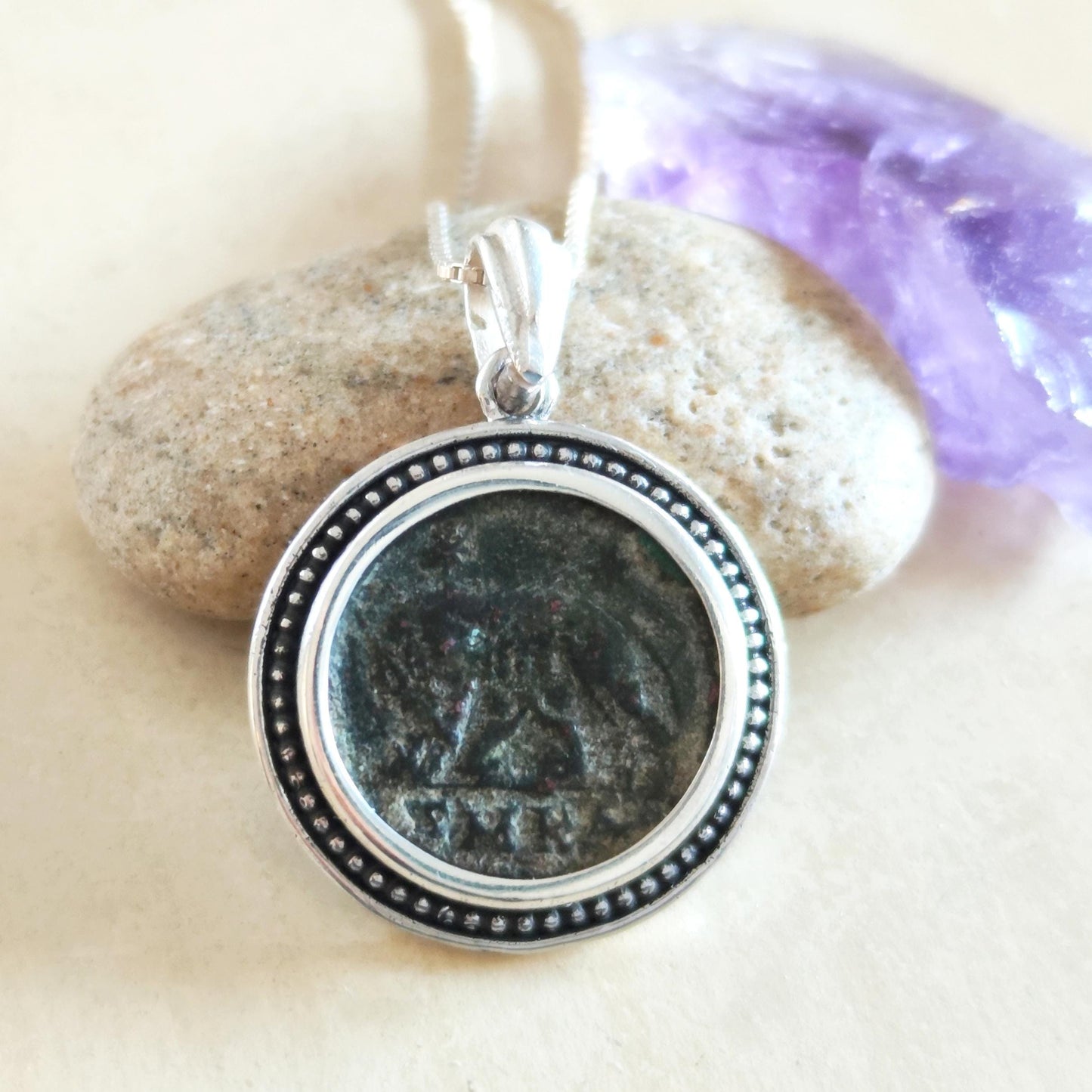 Authentic Roman Romulus & Remus coin necklace, Ancient history Silver medallion, unisex jewelry, antique Constantine She wolf bronze coin