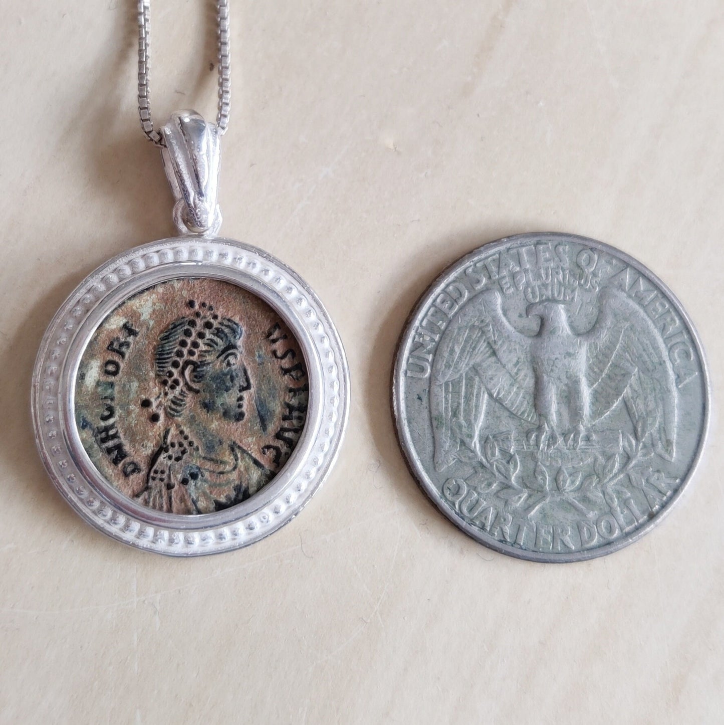Certified Antique Roman Coin of Emperor Honorius set in Silver Pendant, Constantine Coin Medallion, Christian Vintage gift