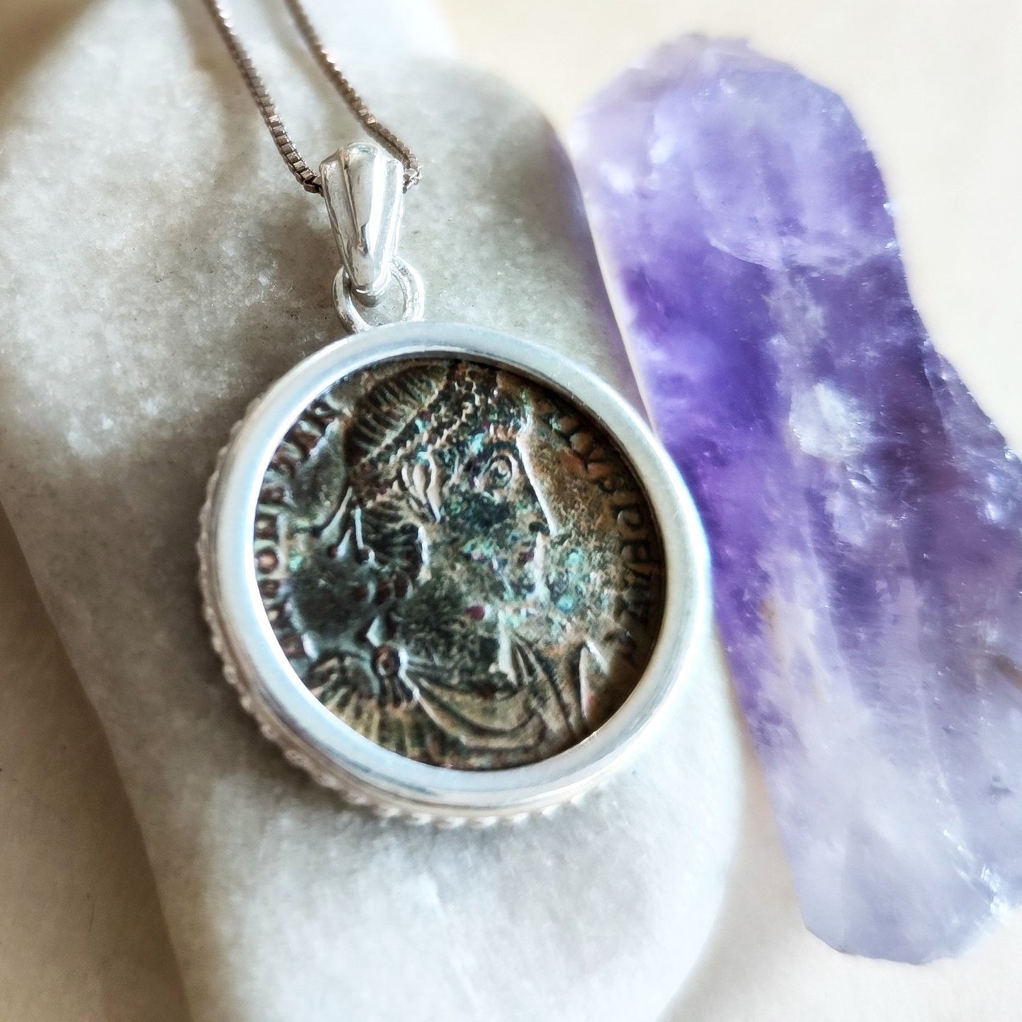 Ancient Roman coin Silver necklace, Certified bronze coin of Emperor Constantius pendant, women unisex medallion, Antique vintage jewelry