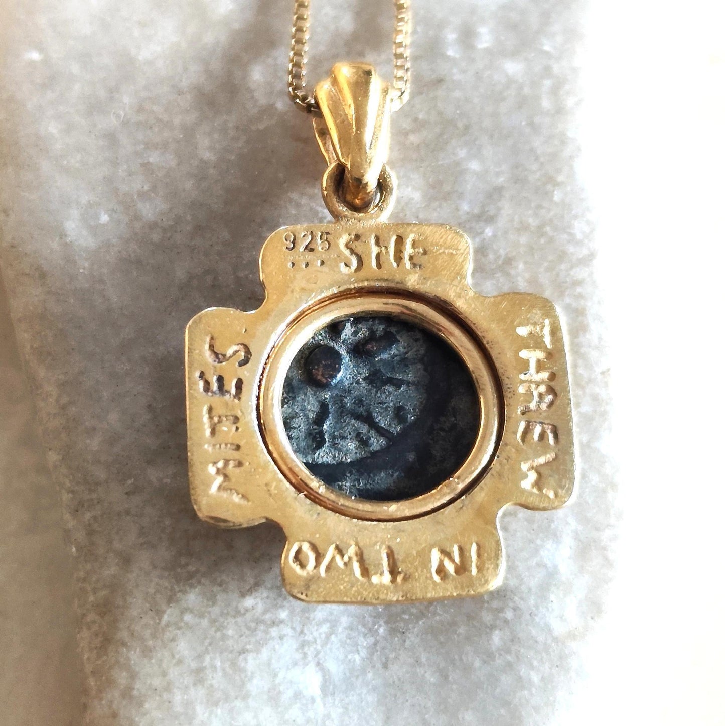 Antique Widow's Mite Coin Necklace: Jerusalem Cross, 18K Gold Plated Sterling Silver Barr Designs