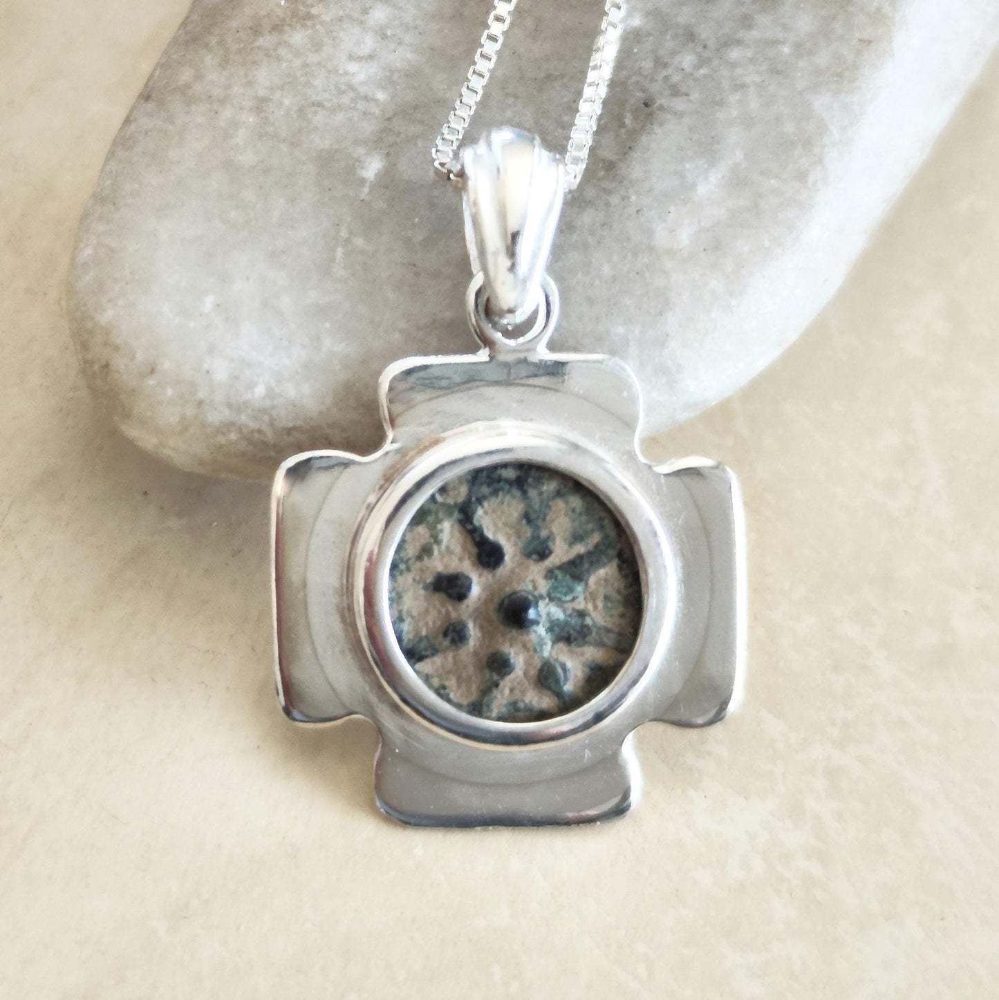 Jerusalem Cross Pendant set with antique Widow's Mite Coin, Sterling Silver Barr Designs