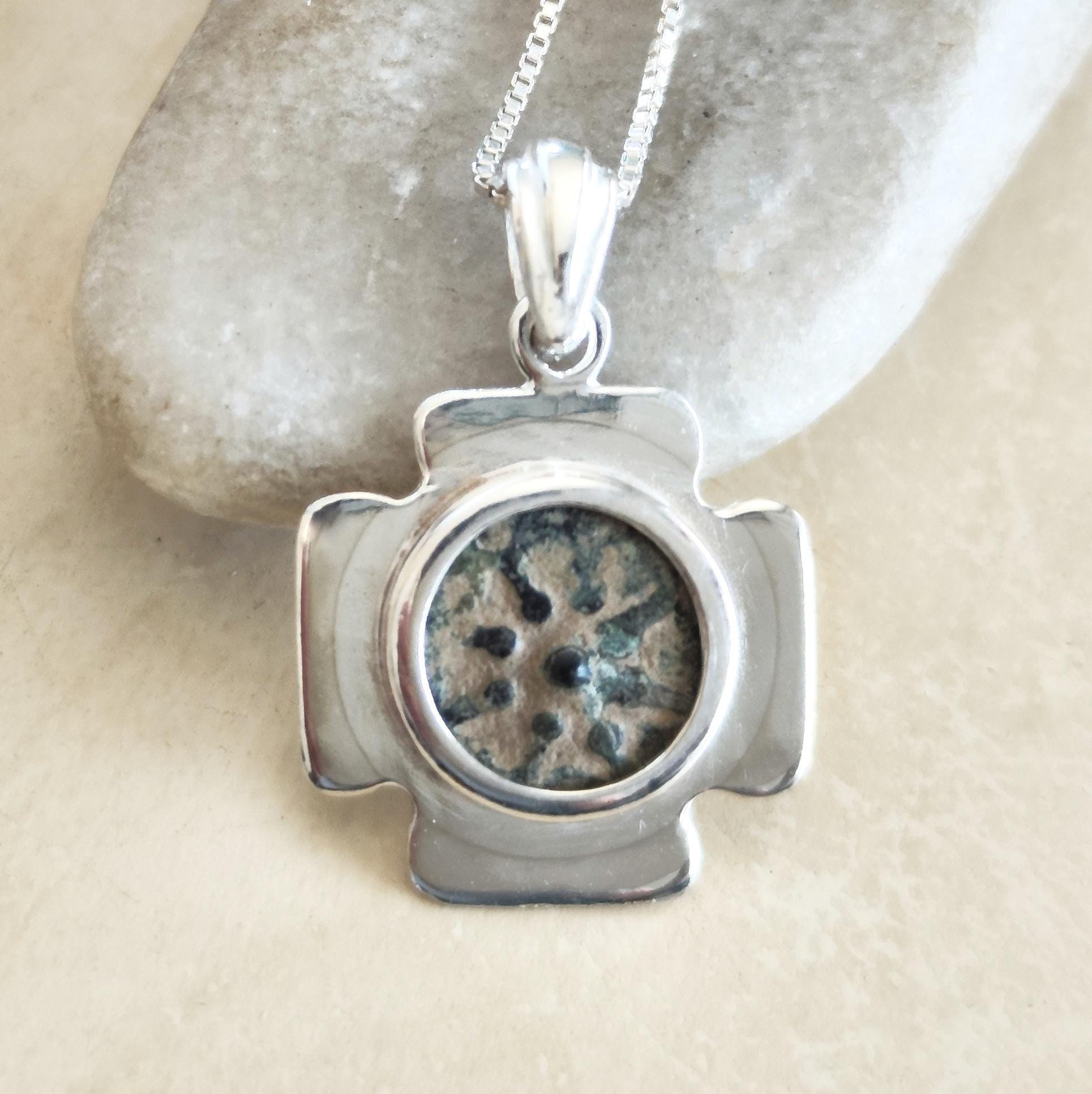 Jerusalem Cross Pendant set with antique Widow's Mite Coin, Sterling Silver Barr Designs