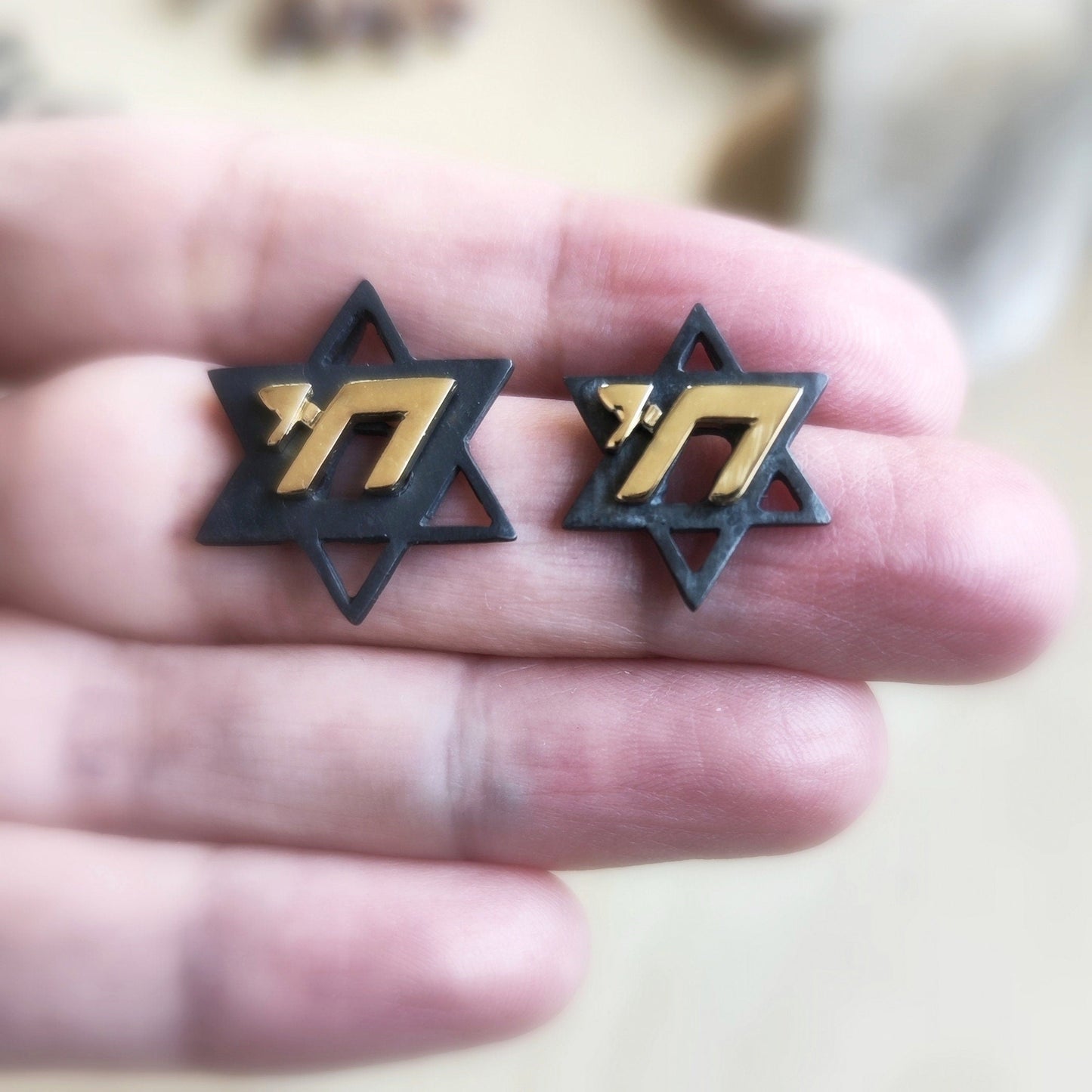 Star of David Chai Necklace, Two Tone Oxidized Silver Gold Jewish Pendant, Hebrew Gift Barr Designs