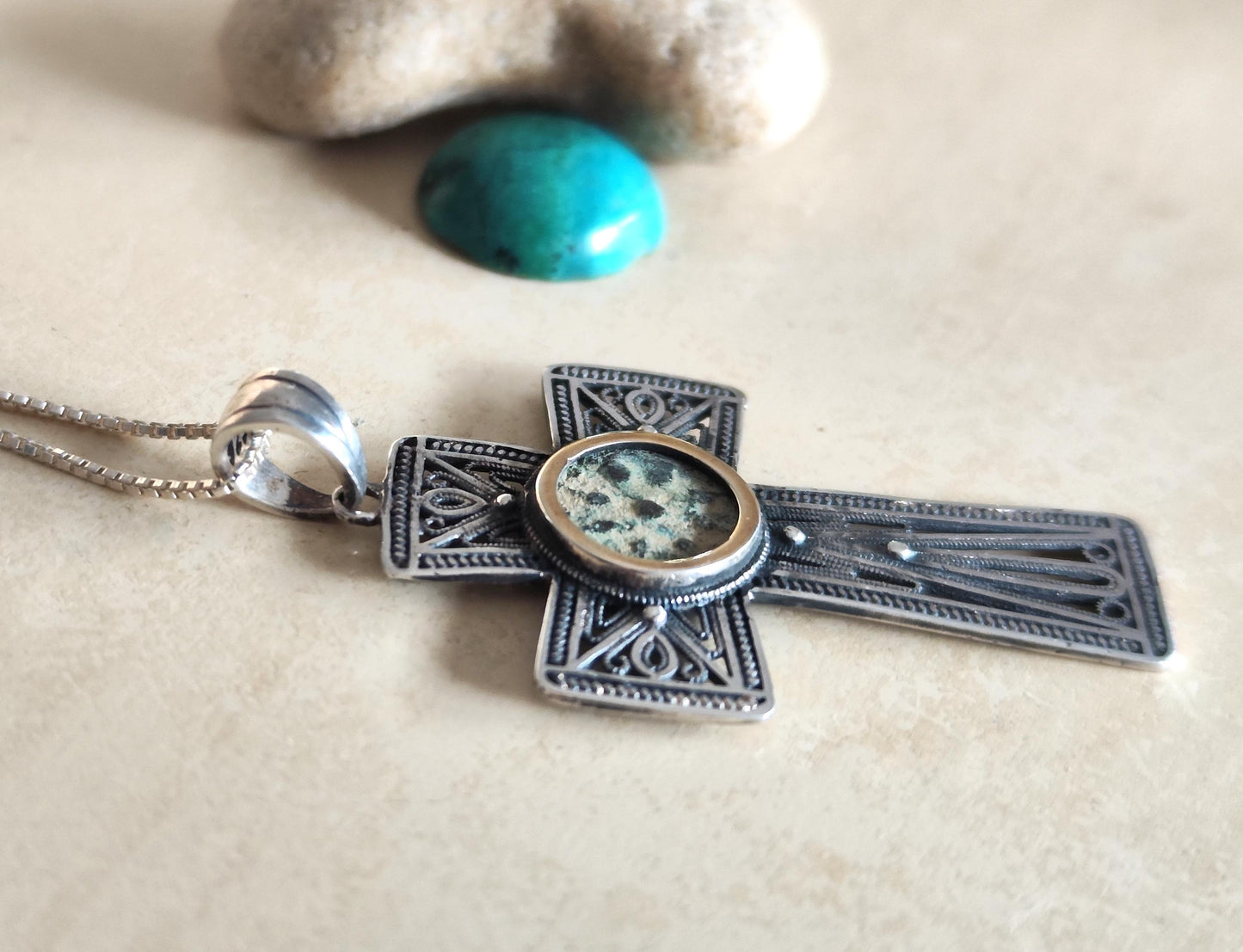 Widow Mite Coin Filigree Cross Silver Pendant, Vintage Style Large Christian Necklace, Antique Jesus Coin Gift