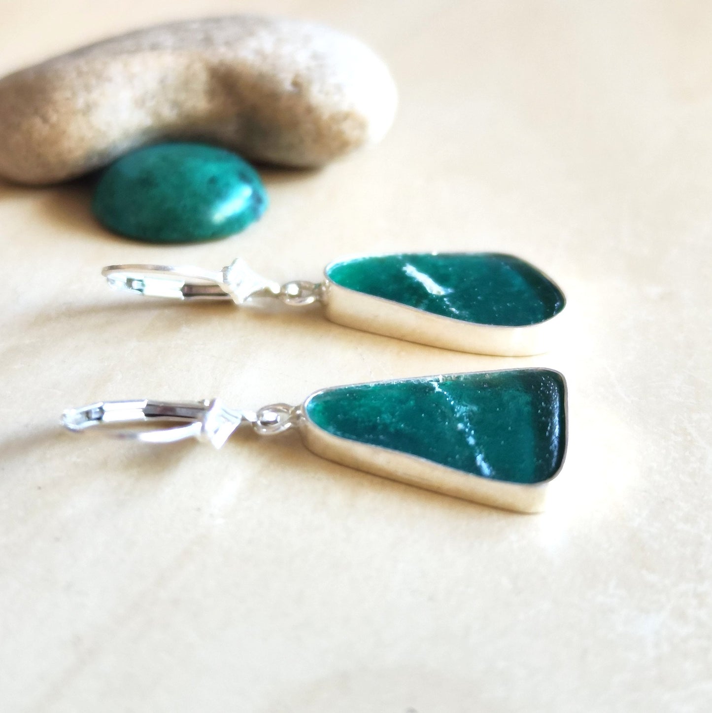 Ancient Roman Glass Earrings, Green Purple peacock Triangle Drop Earrings, Israeli jewelry, Silver Glass Dangle Earrings, Statement Earrings