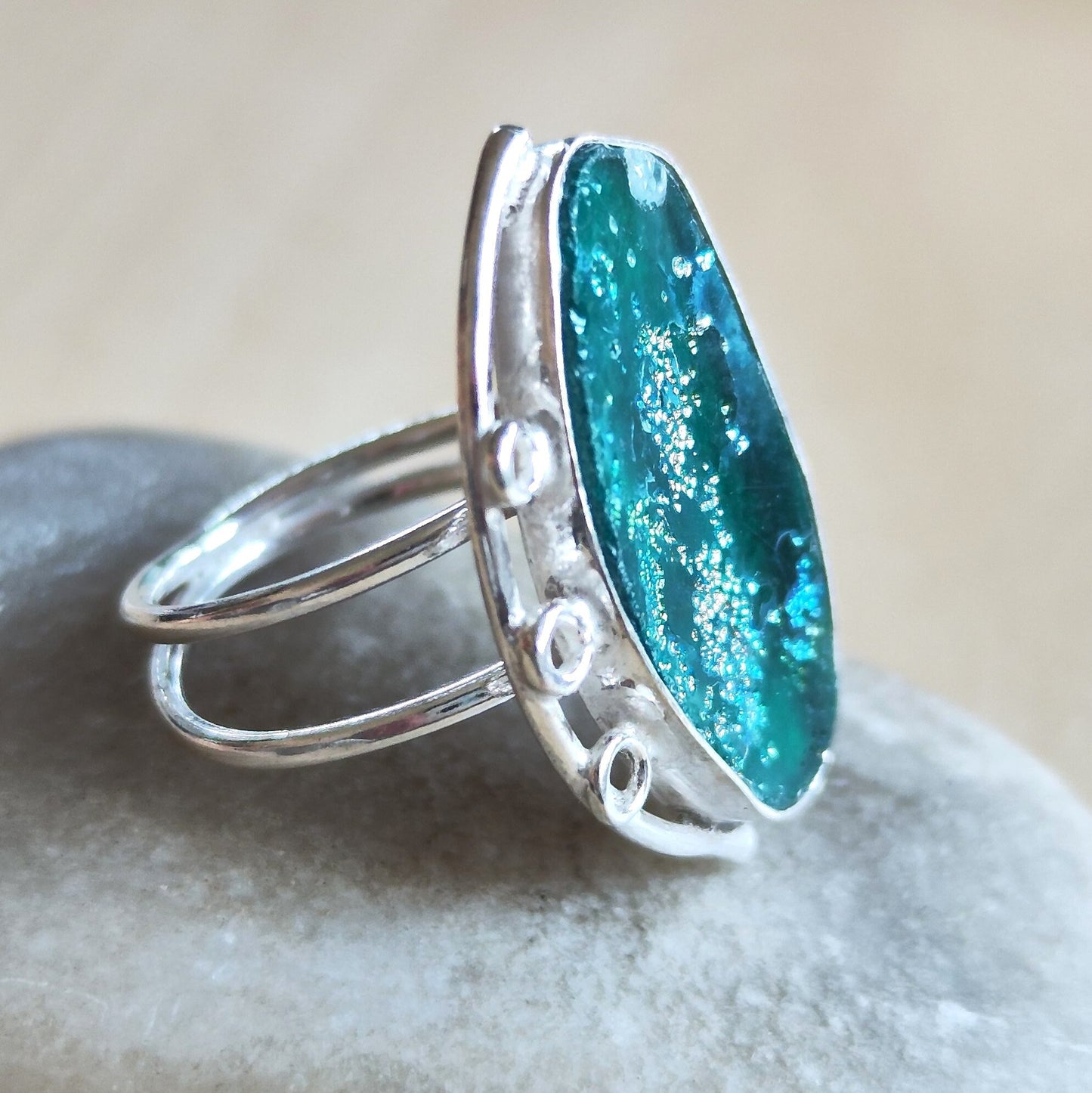 Antique Roman Glass Solitaire Ring, Natural Roman Glass adjustable silver ring, Aqua Green Blue patina Glass ring,  Large Statement ring