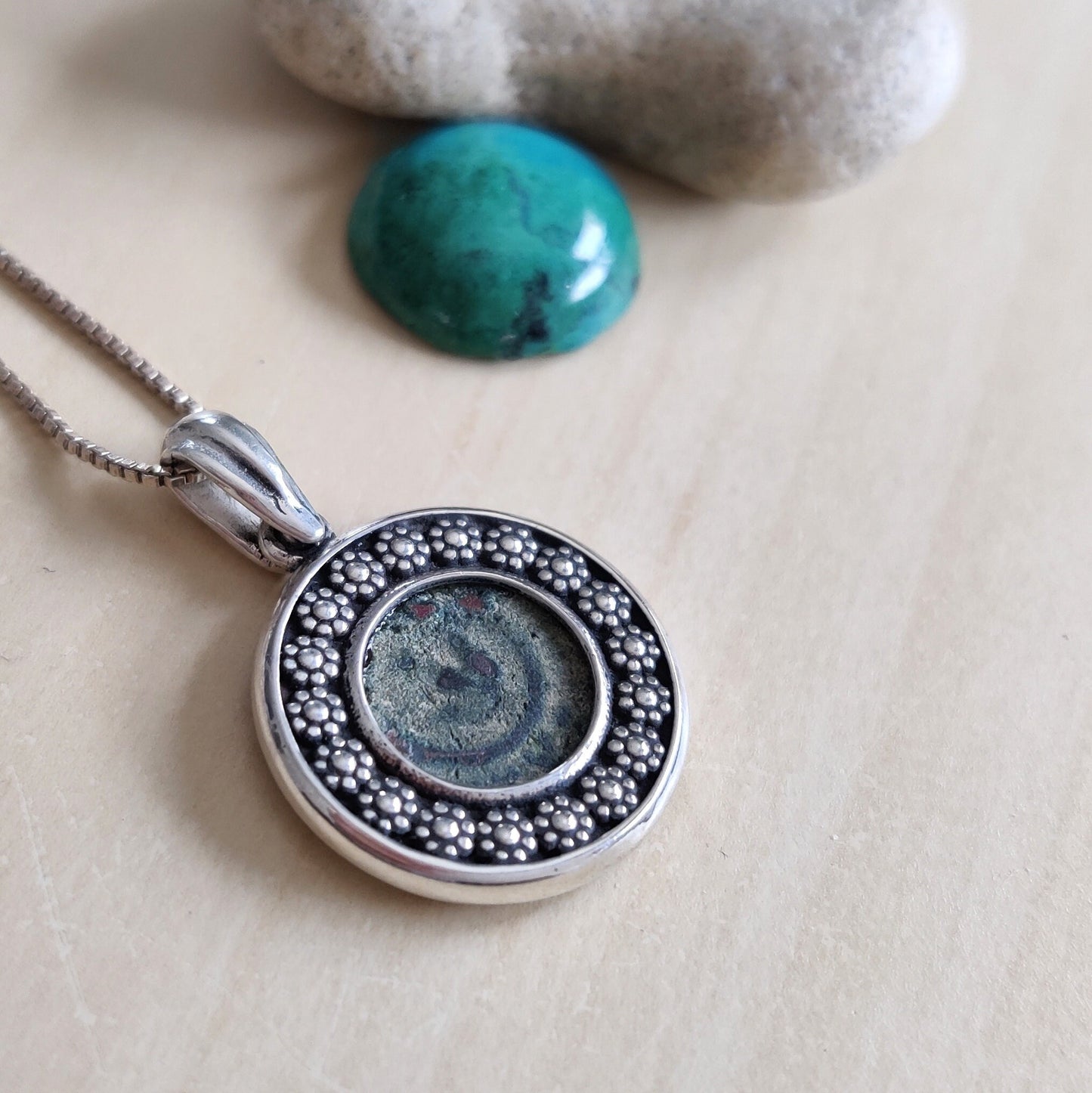 Christian Silver Necklace, Widow's Mite Coin Pendant, Jesus Ancient Jewelry, vintage style necklace, Flower nature pendant, Israeli jewelry