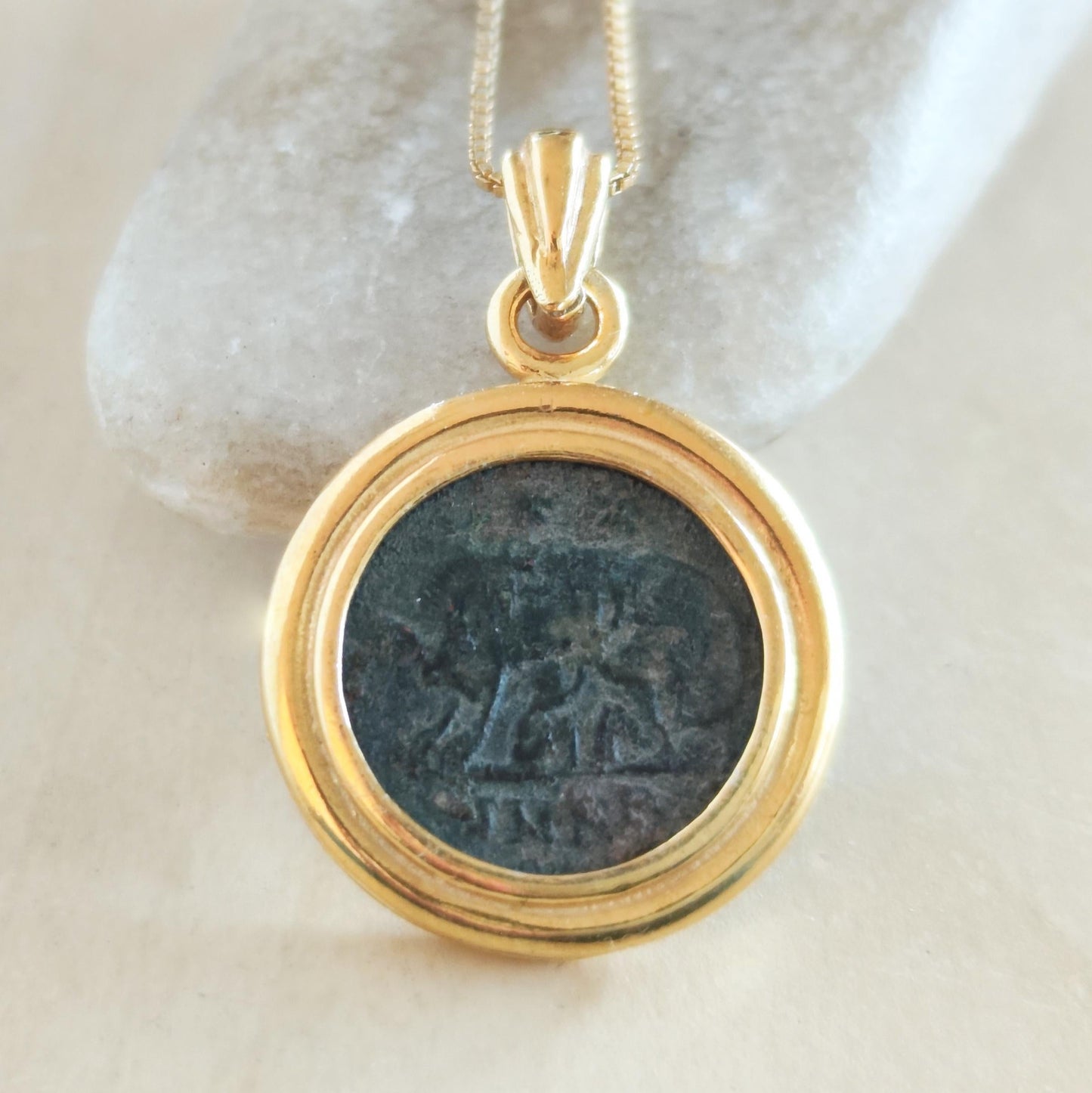 Antique Roman Coin Medallion Necklace: Romulus & Remus with She Wolf, Gold Plated Bezel Barr Designs