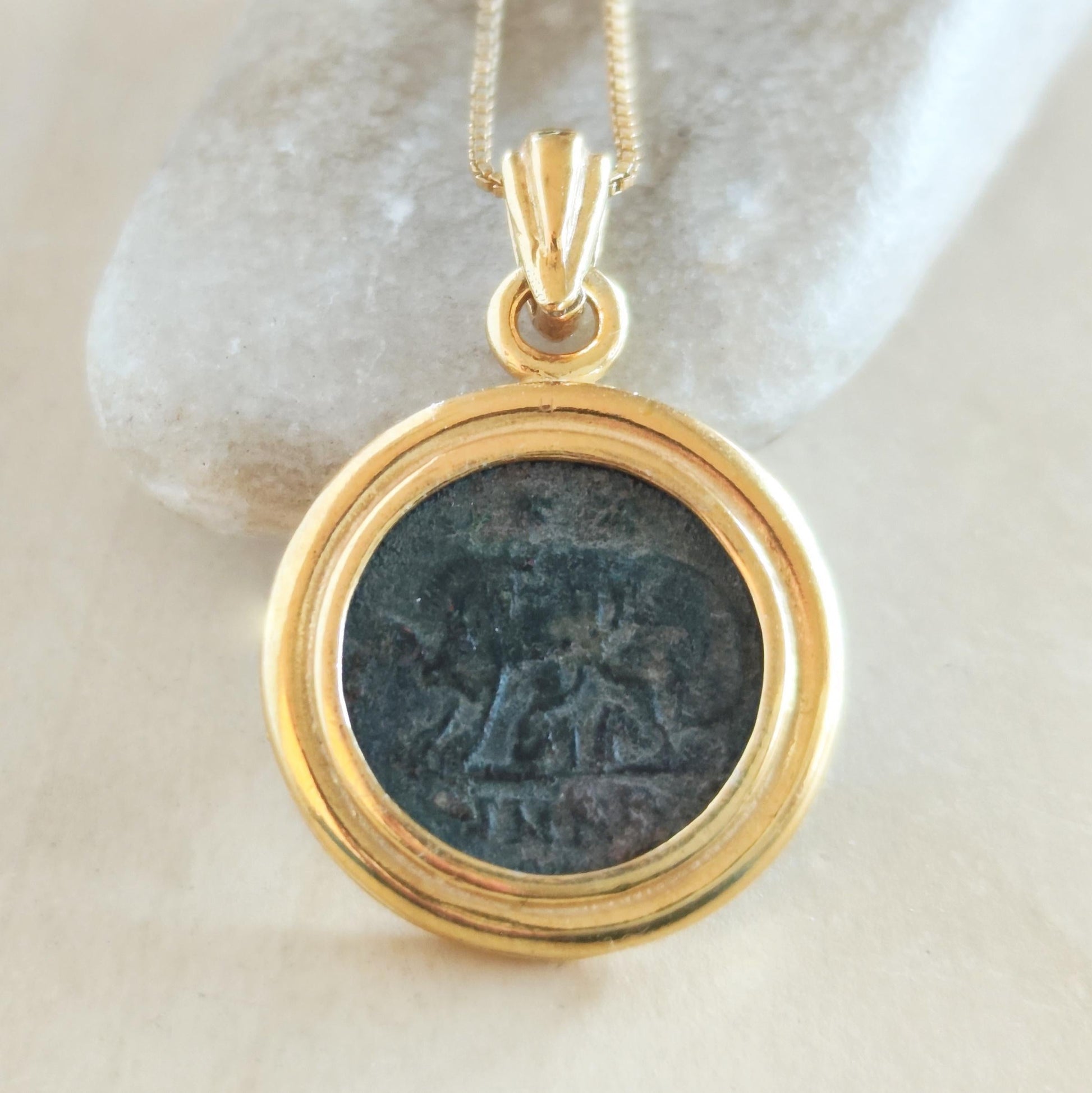 Antique Roman Coin Medallion Necklace: Romulus & Remus with She Wolf, Gold Plated Bezel Barr Designs
