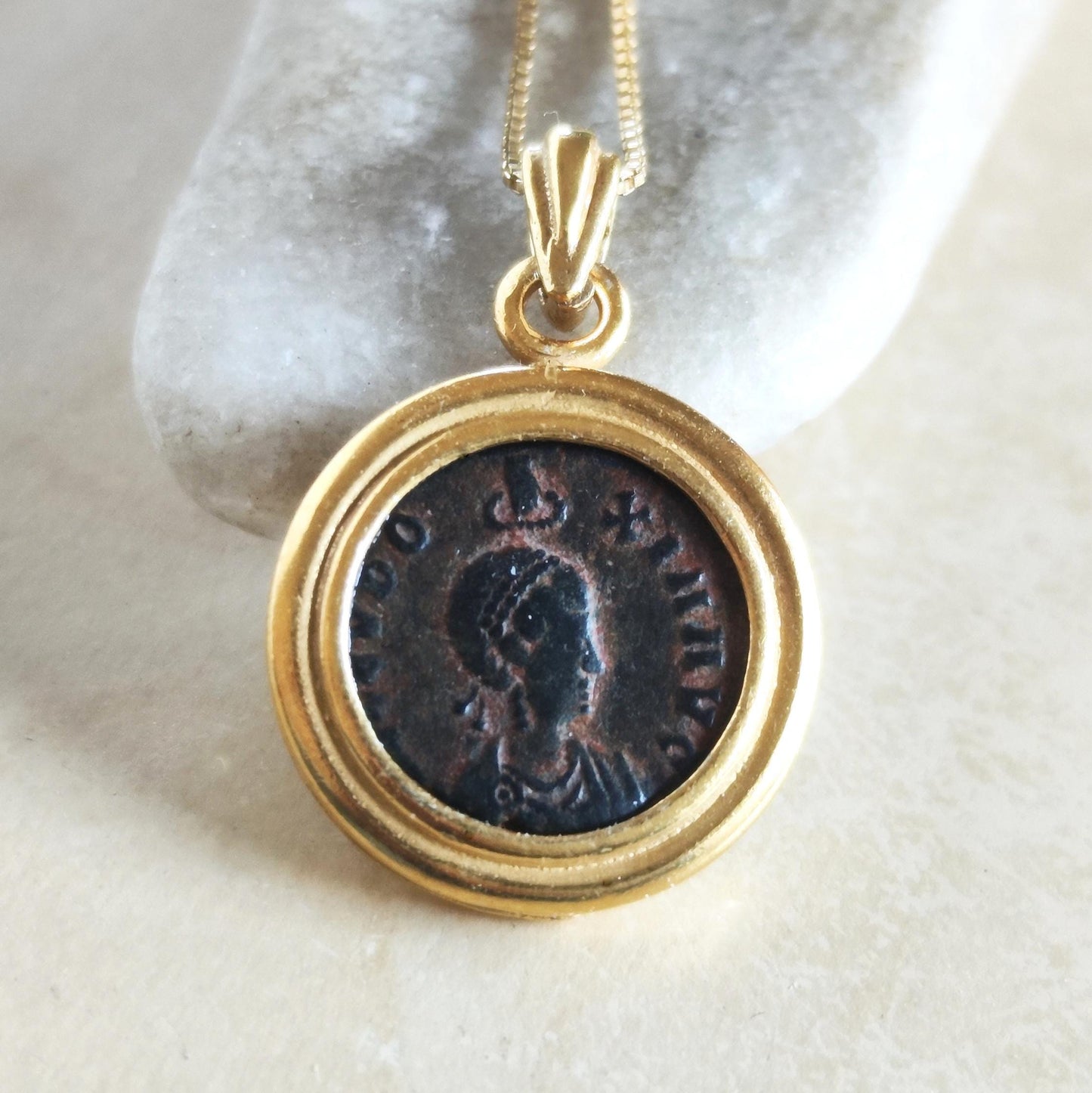 Ancient Roman Coin Necklace: Empress Aelia Eudoxia Christian Orthodox Medallion, Gold Plated Barr Designs