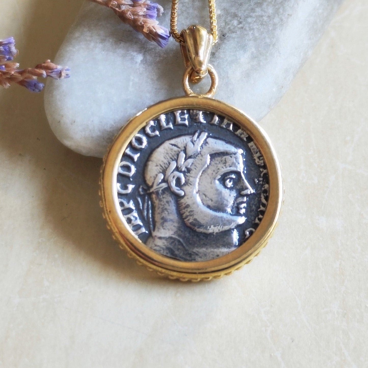 Roman Emperor Diocletian Coin Necklace: Replica Coin Pendant in Silver and Gold Barr Designs