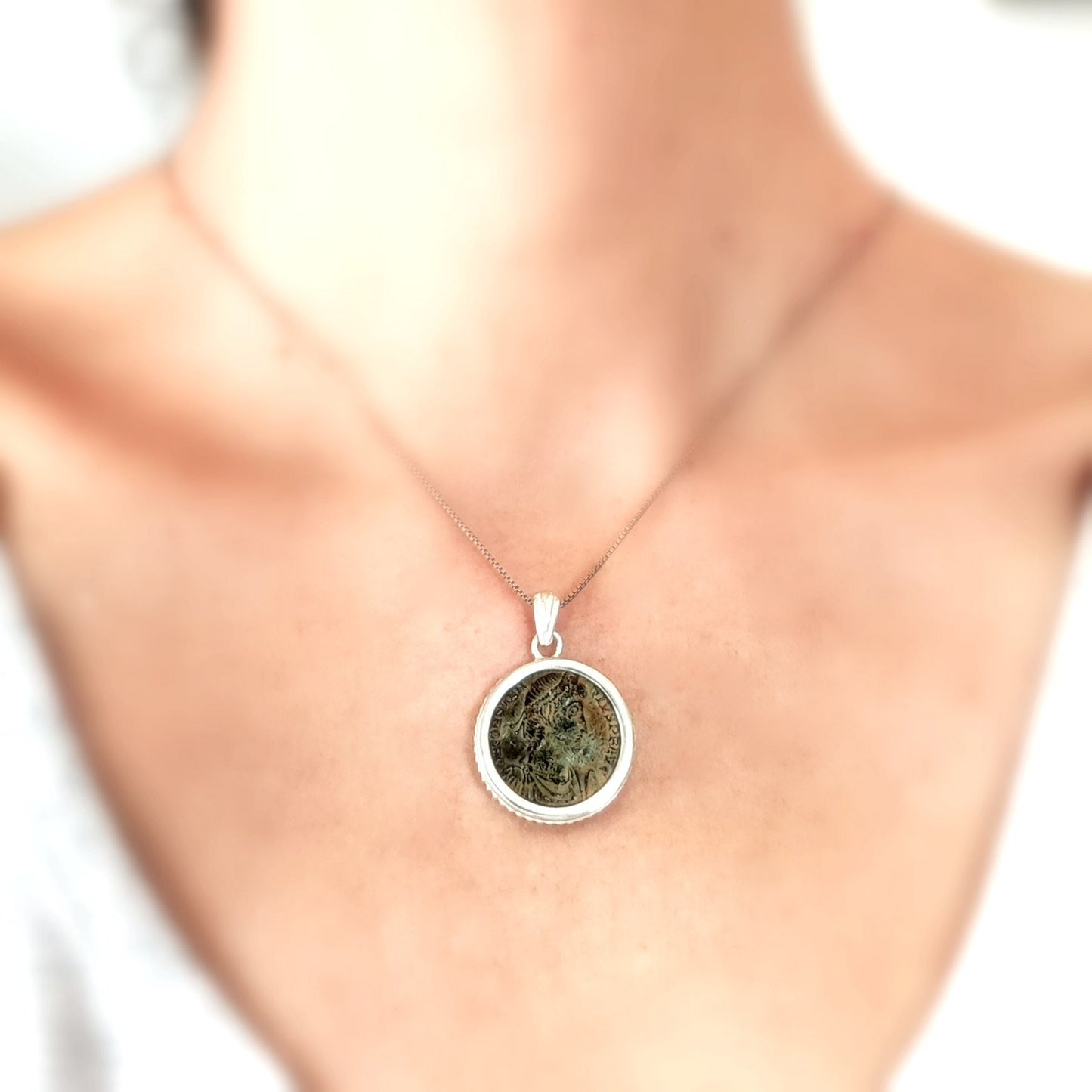 Ancient Roman coin Silver necklace, Certified bronze coin of Emperor Constantius pendant, women unisex medallion, Antique vintage jewelry