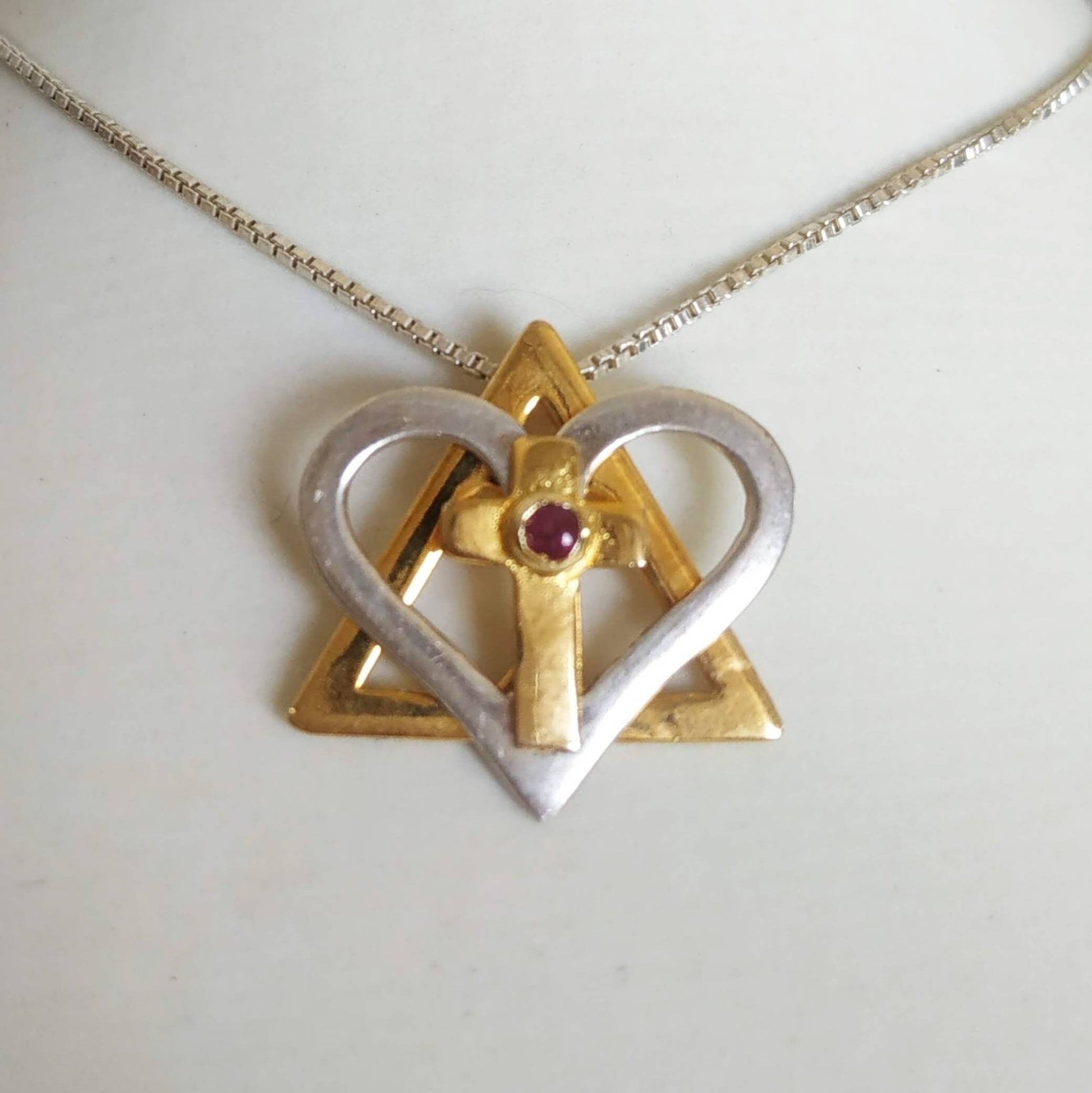 Interfaith Star Cross Necklace: Gold Plated Sterling Silver Ruby Heart Cross Pendant Barr Designs