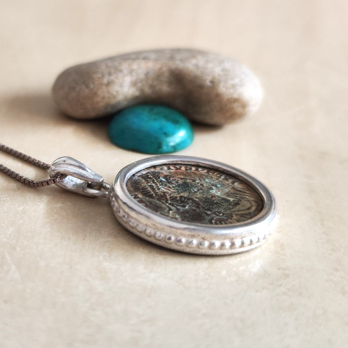 Ancient Roman coin Silver necklace, Certified bronze coin of Emperor Constantius pendant, women unisex medallion, Antique vintage jewelry