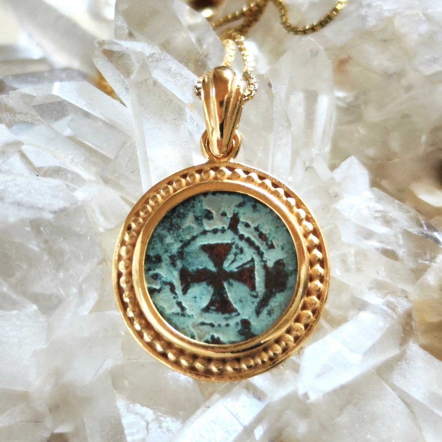 Antique Latin Cross Coin Pendant, Christian Armenia Necklace, Crusaders Knight Templar Bronze Coin Jewelry, Lion Coin Gold Plated Pendant