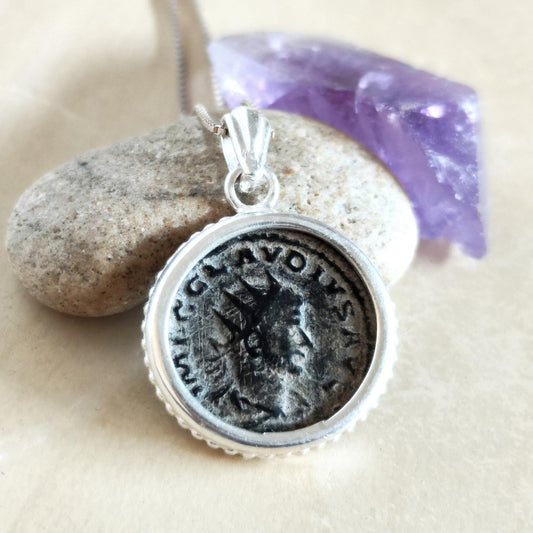 Authentic Certified Roman Emperor Claudius Gothicus Coin Necklace, Antique Silver Unisex Medallion Barr Designs