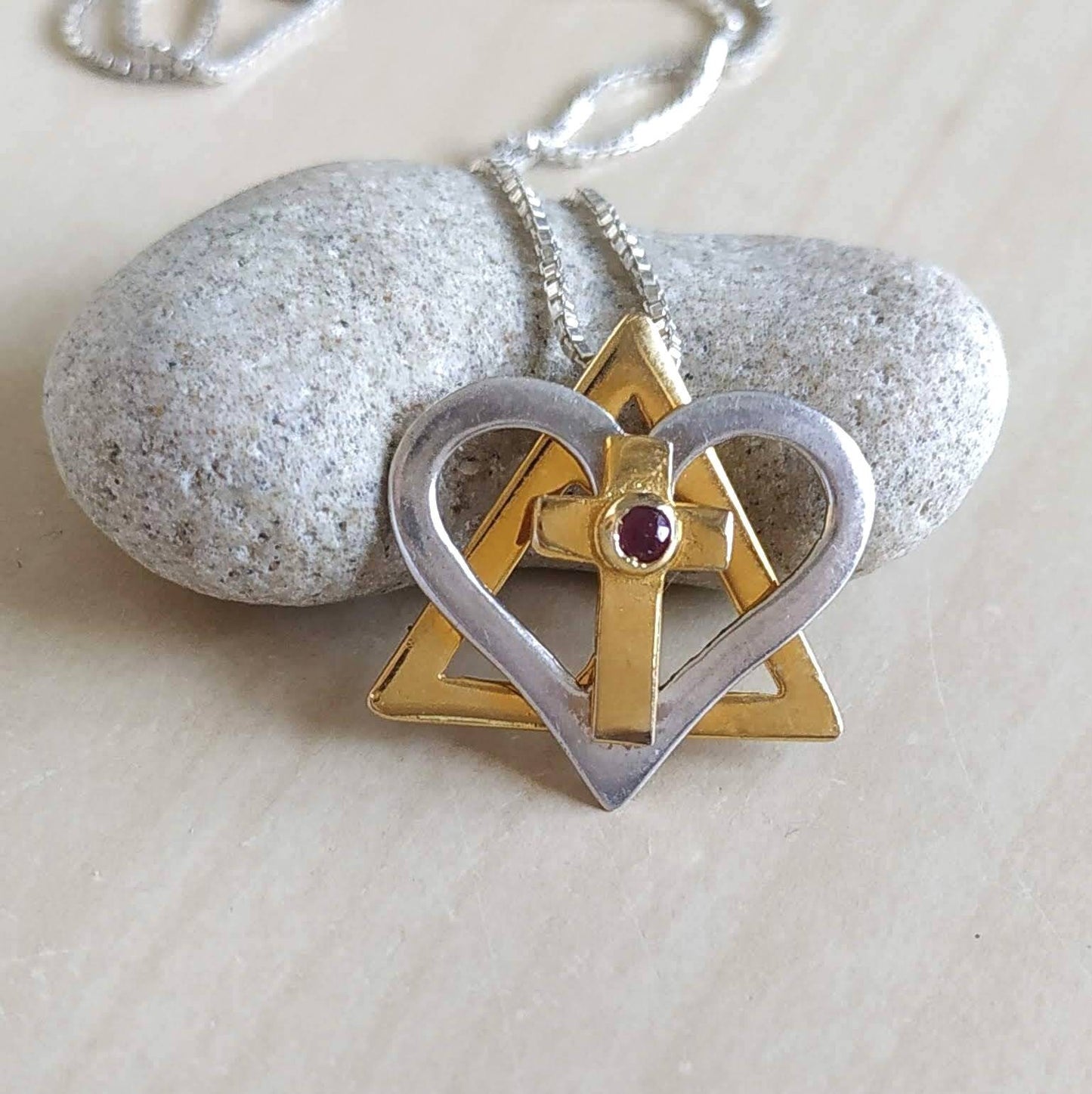 Silver and Gold Star of David cross necklace, interfaith Messianic Jewish Christian pendant, Red Ruby heart necklace, born again jewelry