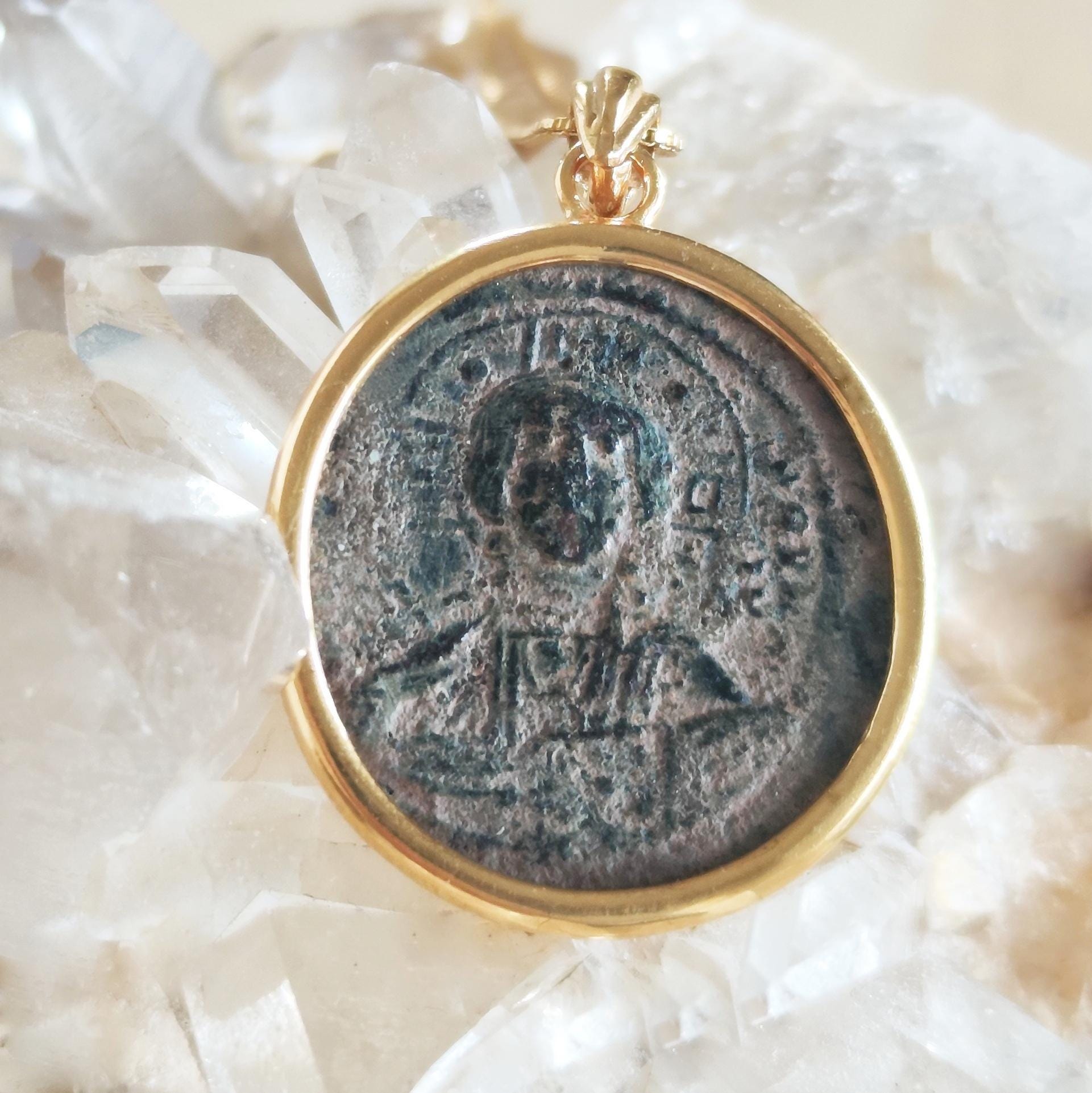 Jesus Christ Coin Pendant: Antique Byzantine Bronze Follis, Gold Plated Medallion Barr Designs