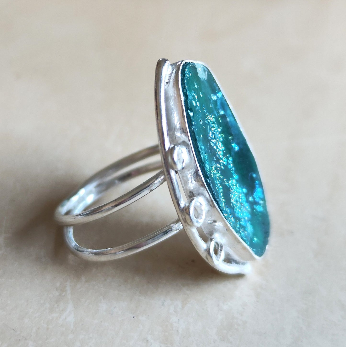 Antique Roman Glass Solitaire Ring, Natural Roman Glass adjustable silver ring, Aqua Green Blue patina Glass ring,  Large Statement ring