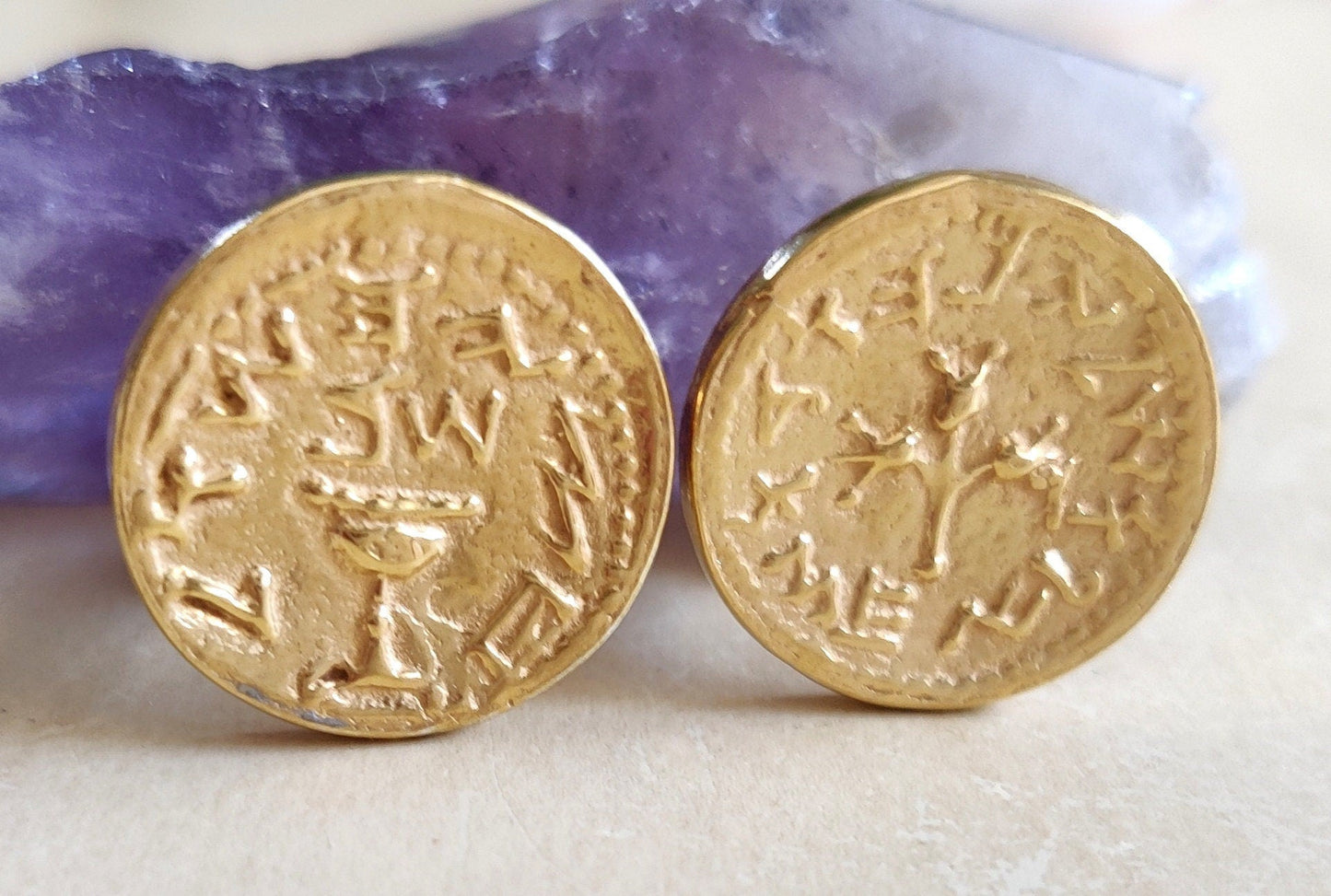 Gold Plated Coin Cufflinks, Jewish Revolt Half Shekel Replica, Israeli Jewelry Barr Designs