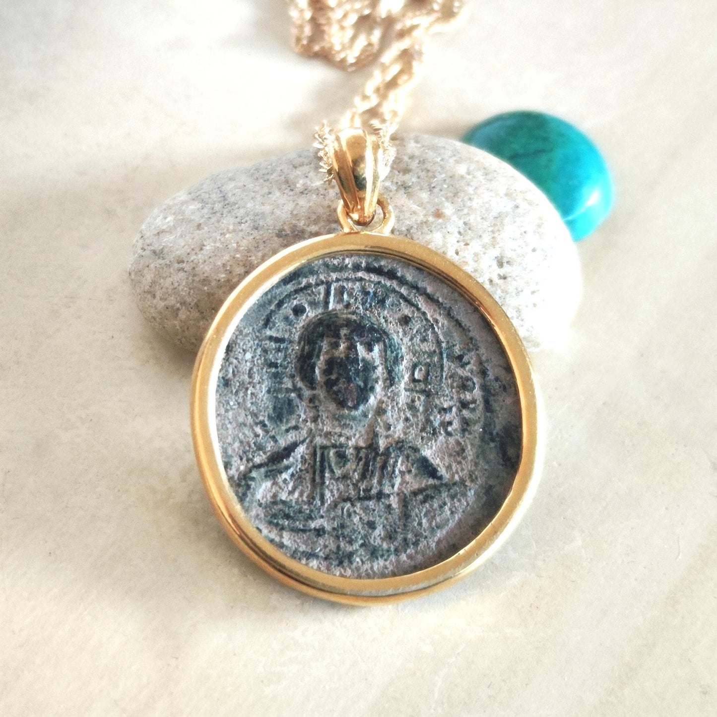 Jesus Christ Coin Pendant: Antique Byzantine Bronze Follis, Gold Plated Medallion Barr Designs
