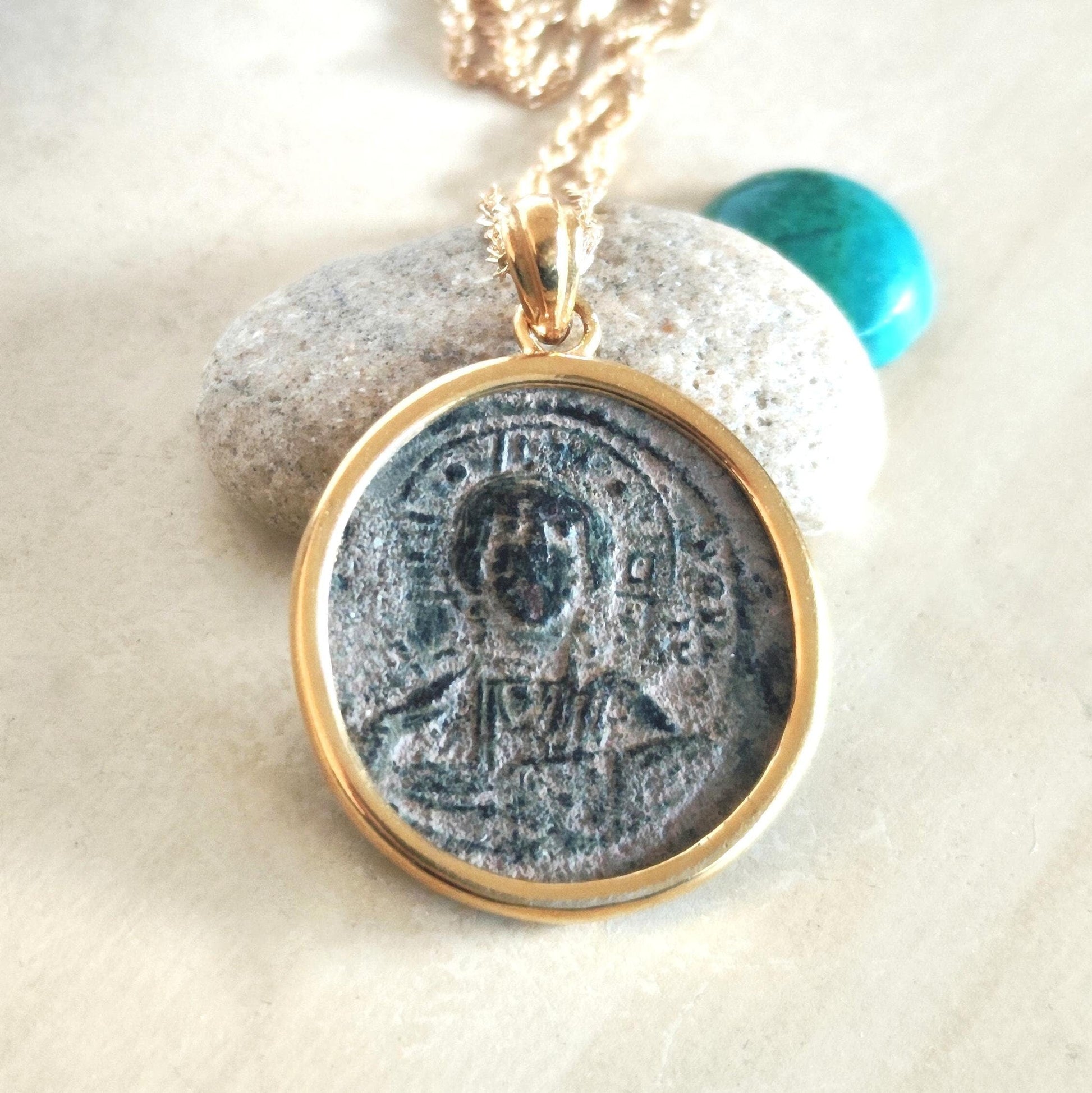 Jesus Christ Coin Pendant: Antique Byzantine Bronze Follis, Gold Plated Medallion Barr Designs
