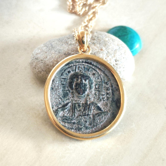 Jesus Christ Coin Pendant: Antique Byzantine Bronze Follis, Gold Plated Medallion Barr Designs