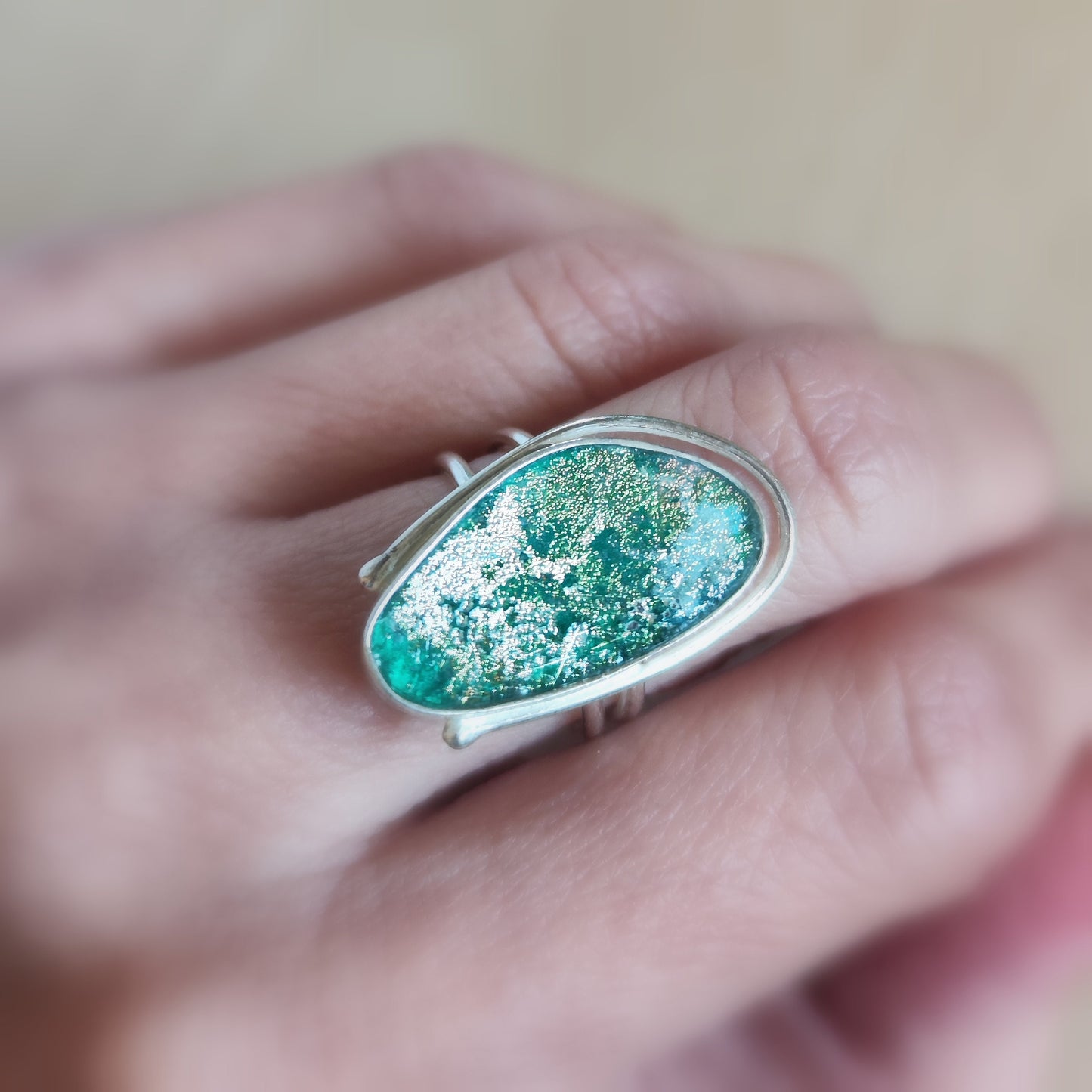 Ancient Glass Oval Ring, Natural Antique Roman Glass Adjustable Silver Ring, Green Blue Patina Glass ring, Statement Solitaire Ring