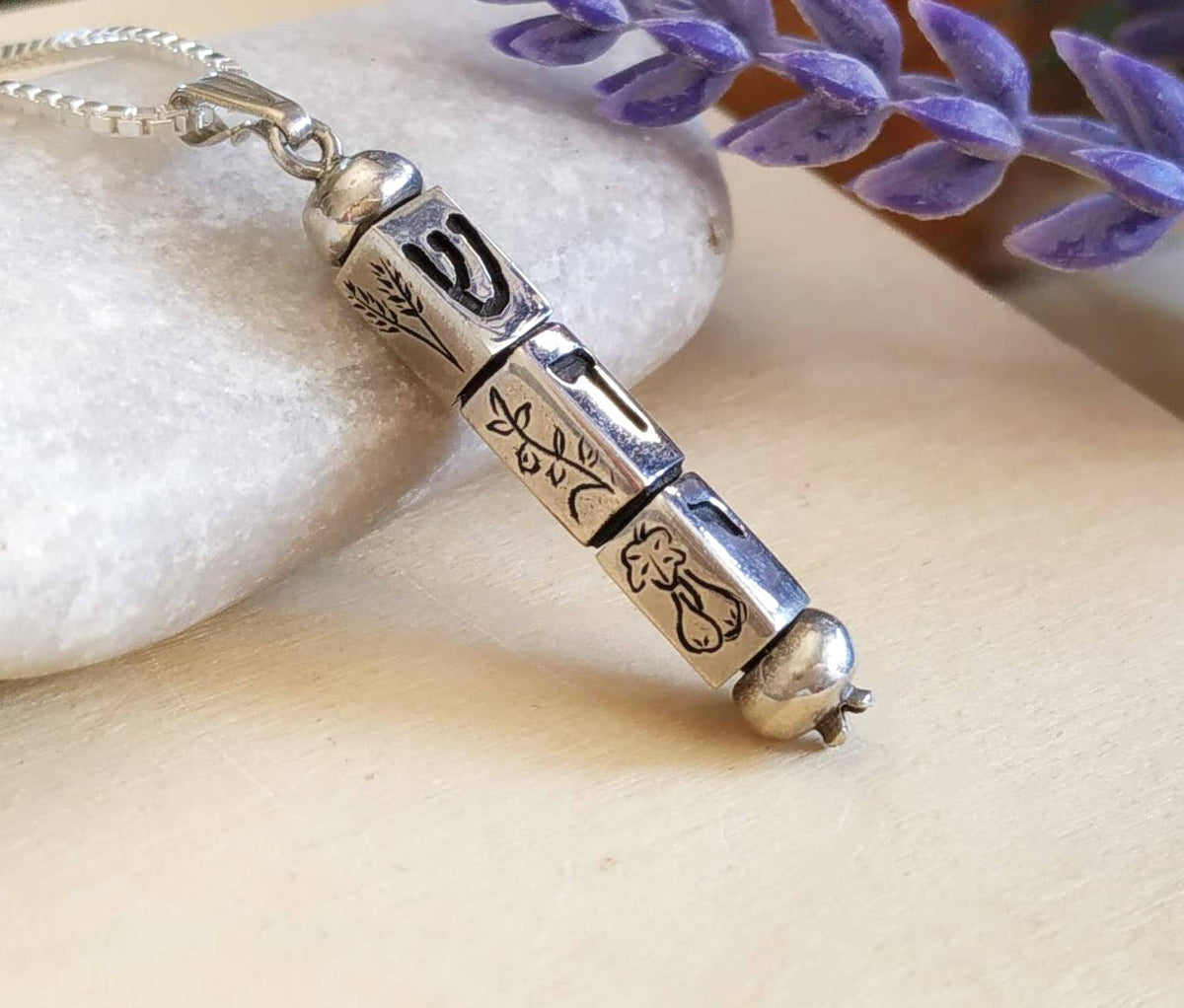 Sterling Silver Mezuzah Necklace: Kinetic Judaica Hebrew Pendant, Seven Species, Israeli Jewelry Barr Designs