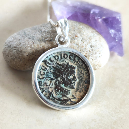 Authentic Certified Roman Emperor Diocletian Coin Necklace, Antique Silver Medallion, Men Unisex Coin Jewelry