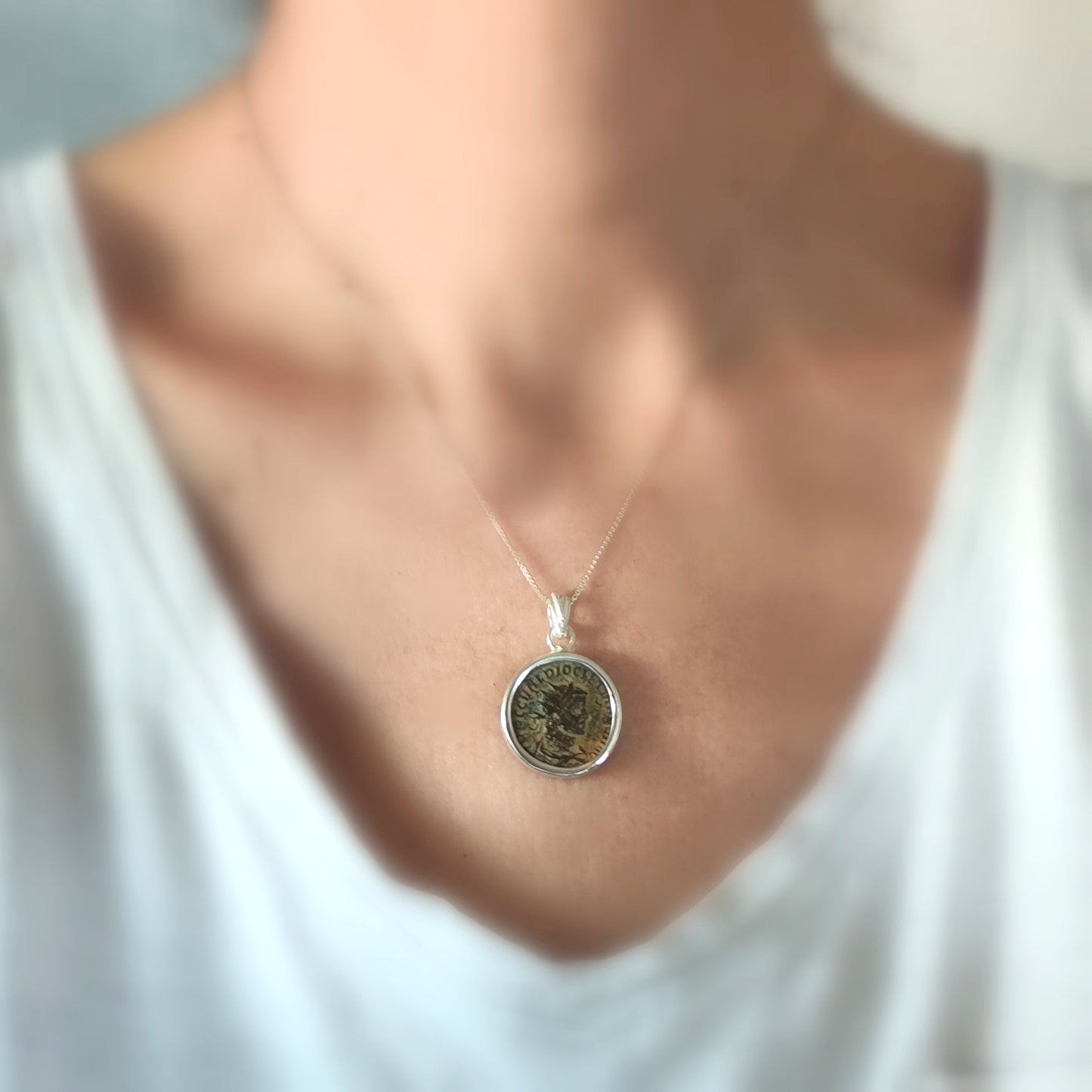 Authentic Certified Roman Emperor Diocletian Coin Necklace, Antique Silver Medallion, Men Unisex Coin Jewelry