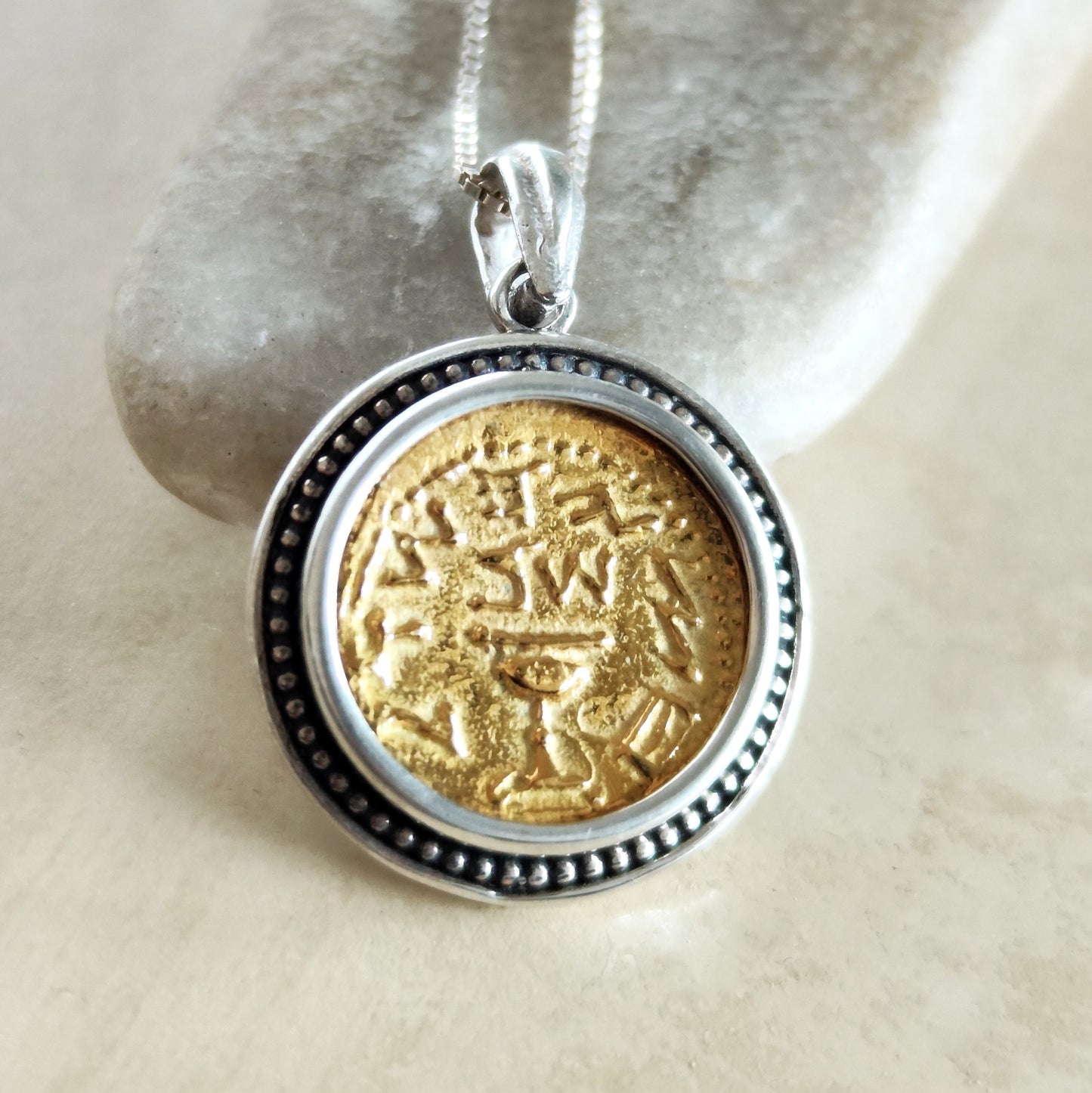 Jewish Revolt Half Shekel Coin Replica Pendant, Ancient Jerusalem Temple Tax Coin Silver and Gold Necklace