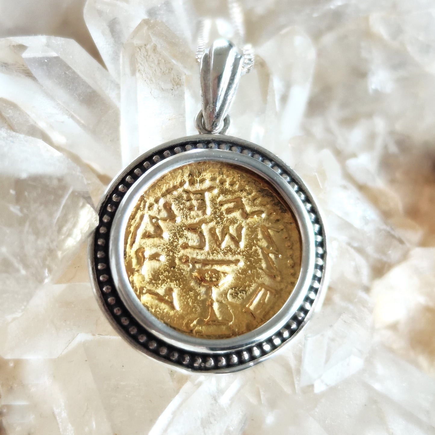 Jewish Revolt Half Shekel Coin Replica Pendant, Ancient Jerusalem Temple Tax Coin Silver and Gold Necklace