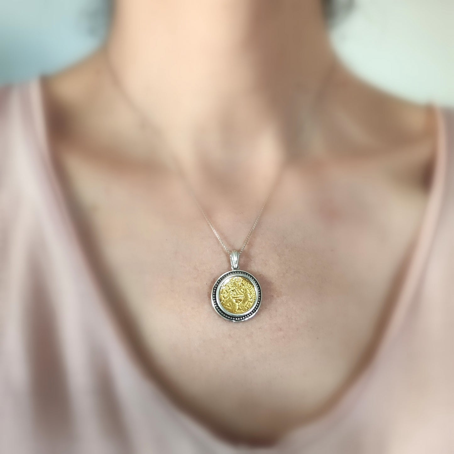 Jewish Revolt Half Shekel Coin Replica Pendant, Ancient Jerusalem Temple Tax Coin Silver and Gold Necklace