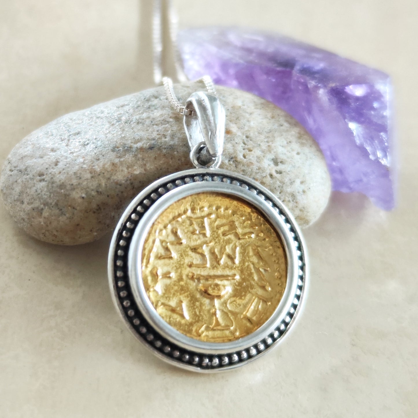 Jewish Revolt Half Shekel Coin Replica Pendant, Ancient Jerusalem Temple Tax Coin Silver and Gold Necklace