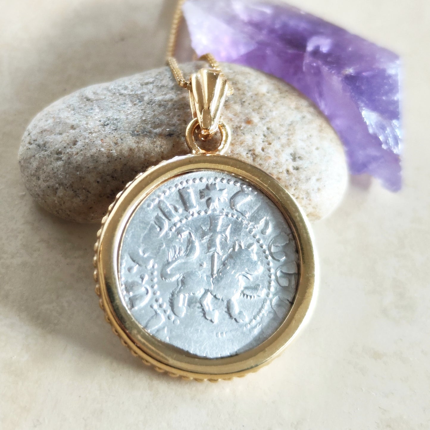 Medieval Armenia Silver Crusader Coin showing Lion and Horse with Cross set in gold Pendant Barr Designs