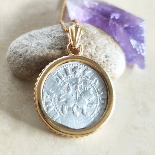 Medieval Armenia Silver Crusader Coin showing Lion and Horse with Cross set in gold Pendant Barr Designs