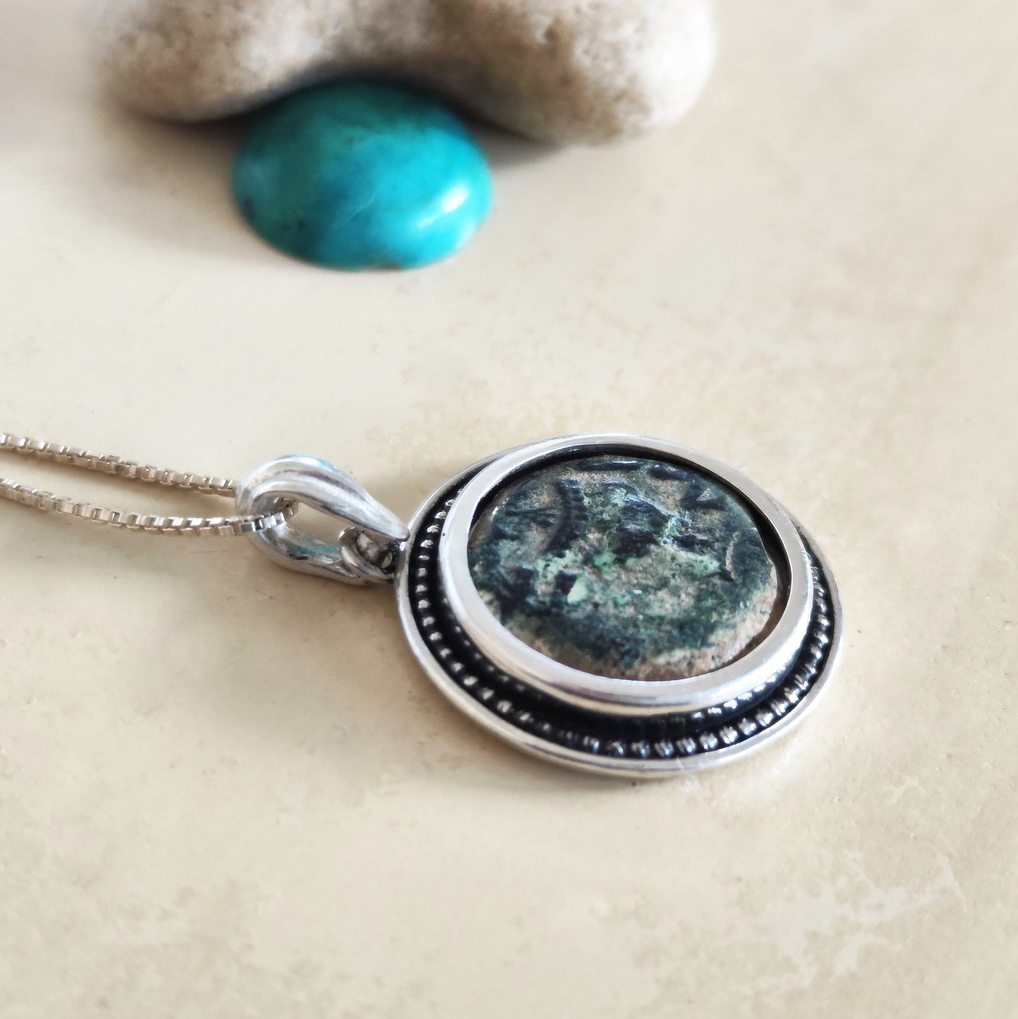 Antique Jewish Revolt Masada Coin Silver Necklace, Jerusalem Second Temple Prutah Medallion, Year Three Barr Designs