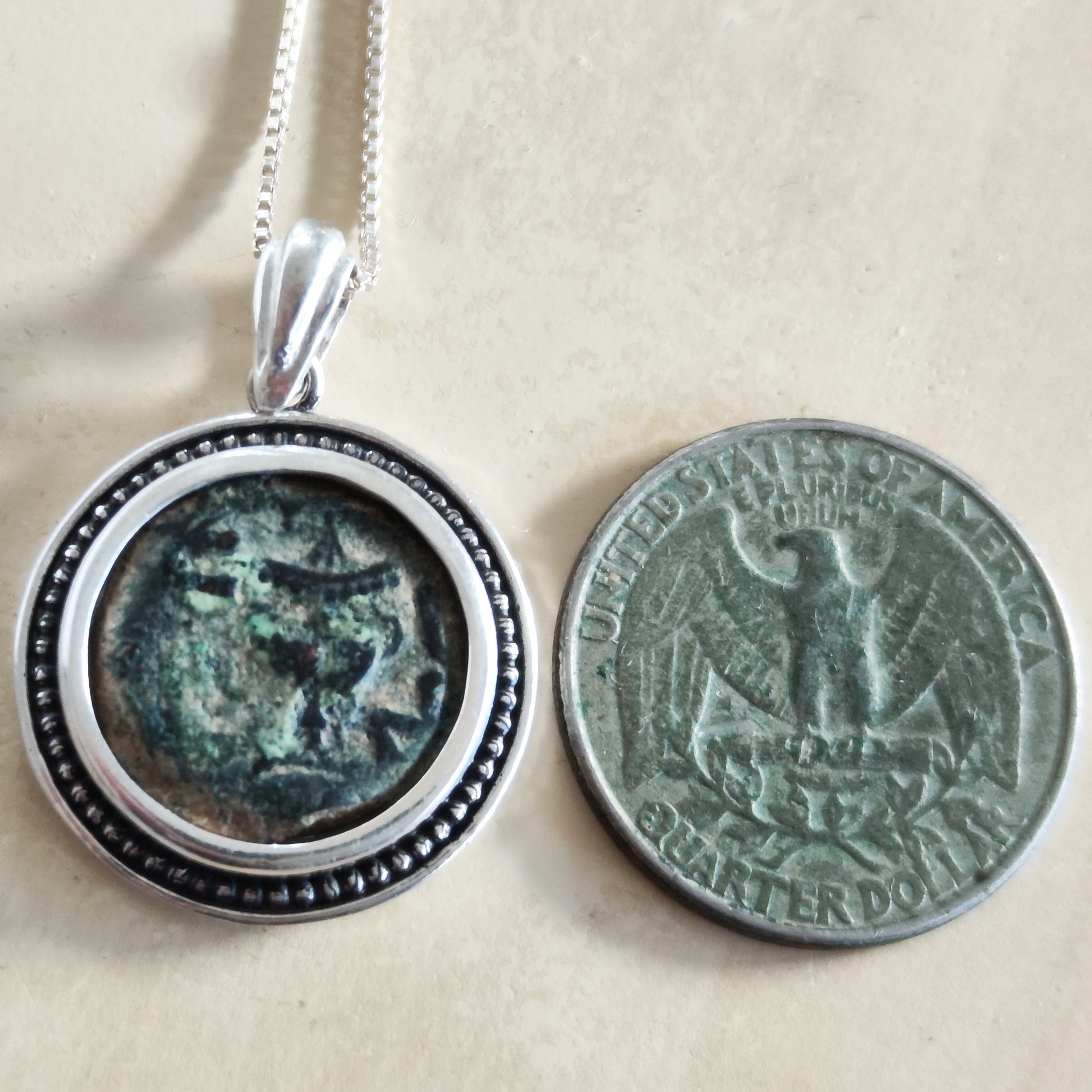 Antique Jewish Revolt Masada Coin Silver Necklace, Jerusalem Second Temple Prutah Medallion, Year Three Barr Designs