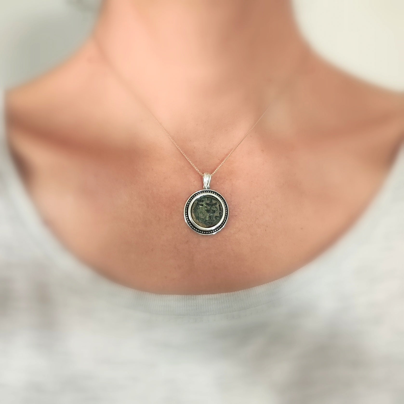 Antique Jewish Revolt Masada Coin Silver Necklace, Jerusalem Second Temple Prutah Medallion, Year Three Barr Designs