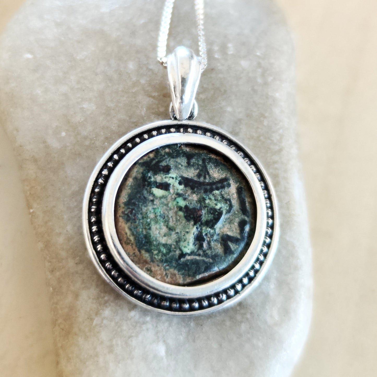 Antique Jewish Revolt Masada Coin Silver Necklace, Jerusalem Second Temple Prutah Medallion, Year Three Barr Designs
