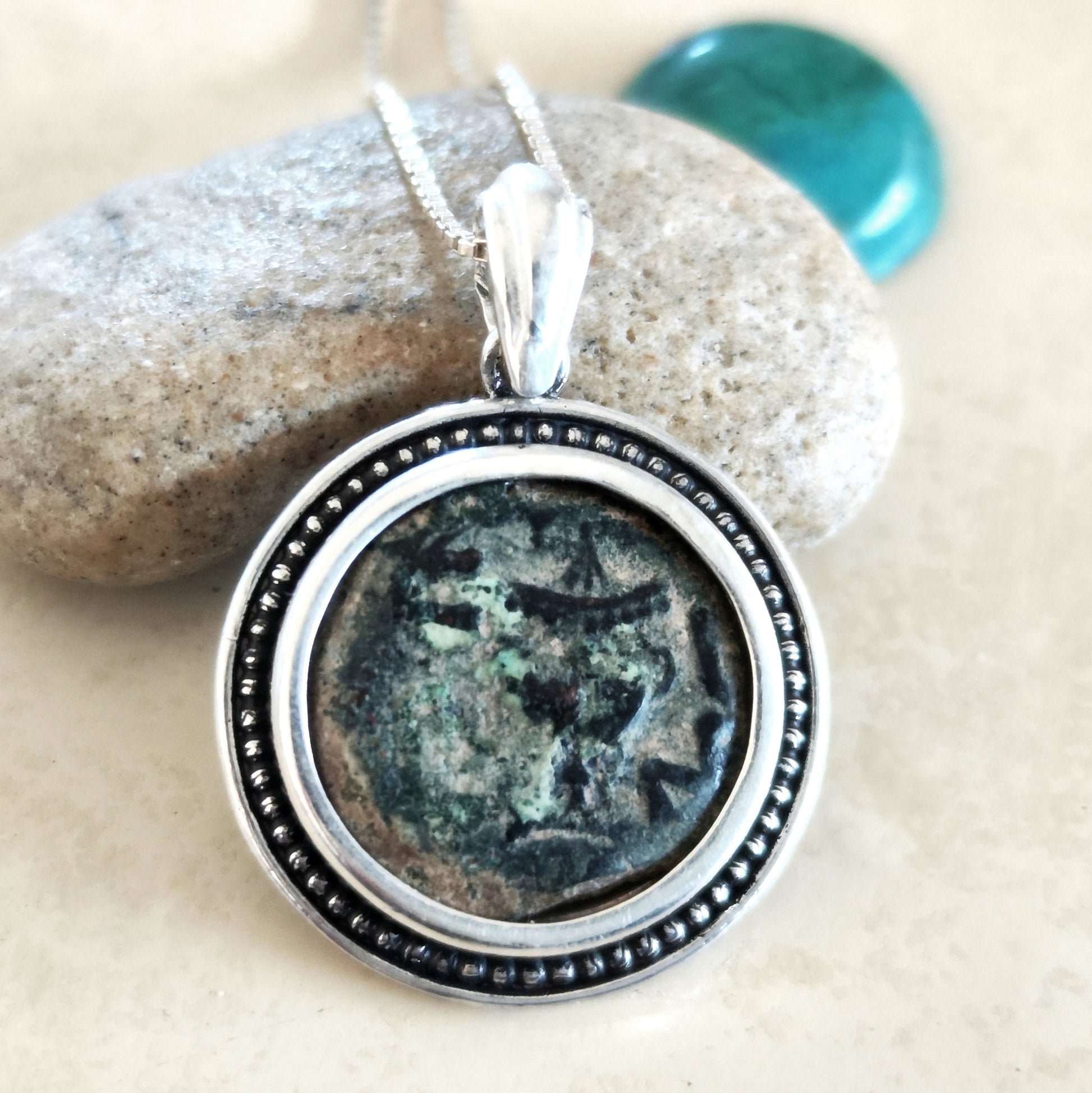 Antique Jewish Revolt Masada Coin Silver Necklace, Jerusalem Second Temple Prutah Medallion, Year Three Barr Designs