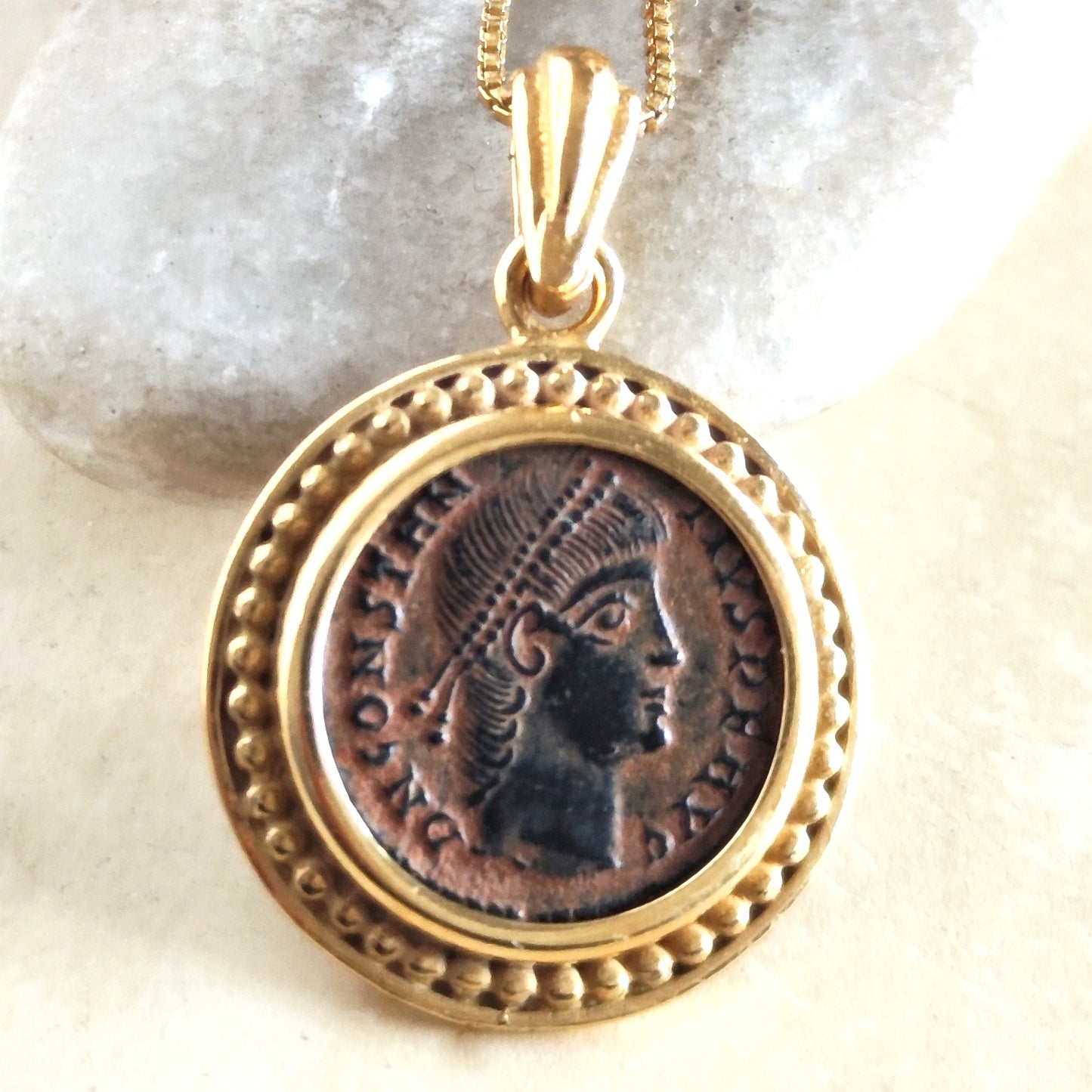 Authentic Certified Roman Coin Medallion, Emperor Constantius, Gold Plated Necklace Barr Designs