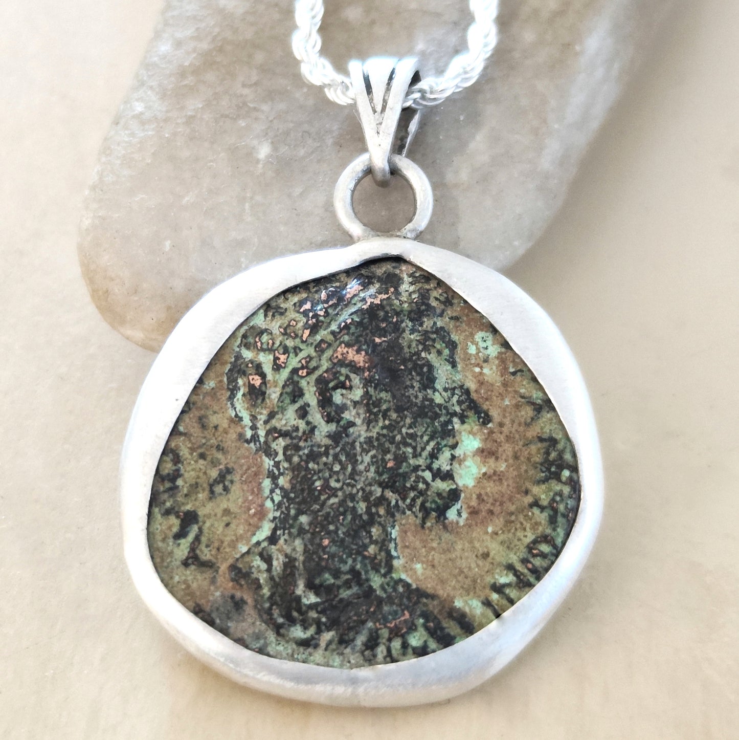 MARCUS AURELIUS Ancient Roman Coin set in rustic Silver Pendant Medallion, Stoic Philosophy