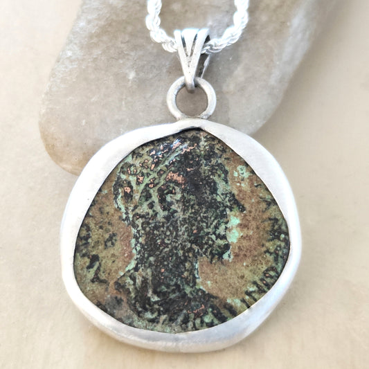MARCUS AURELIUS Ancient Roman Coin set in rustic Silver Pendant Medallion, Stoic Philosophy